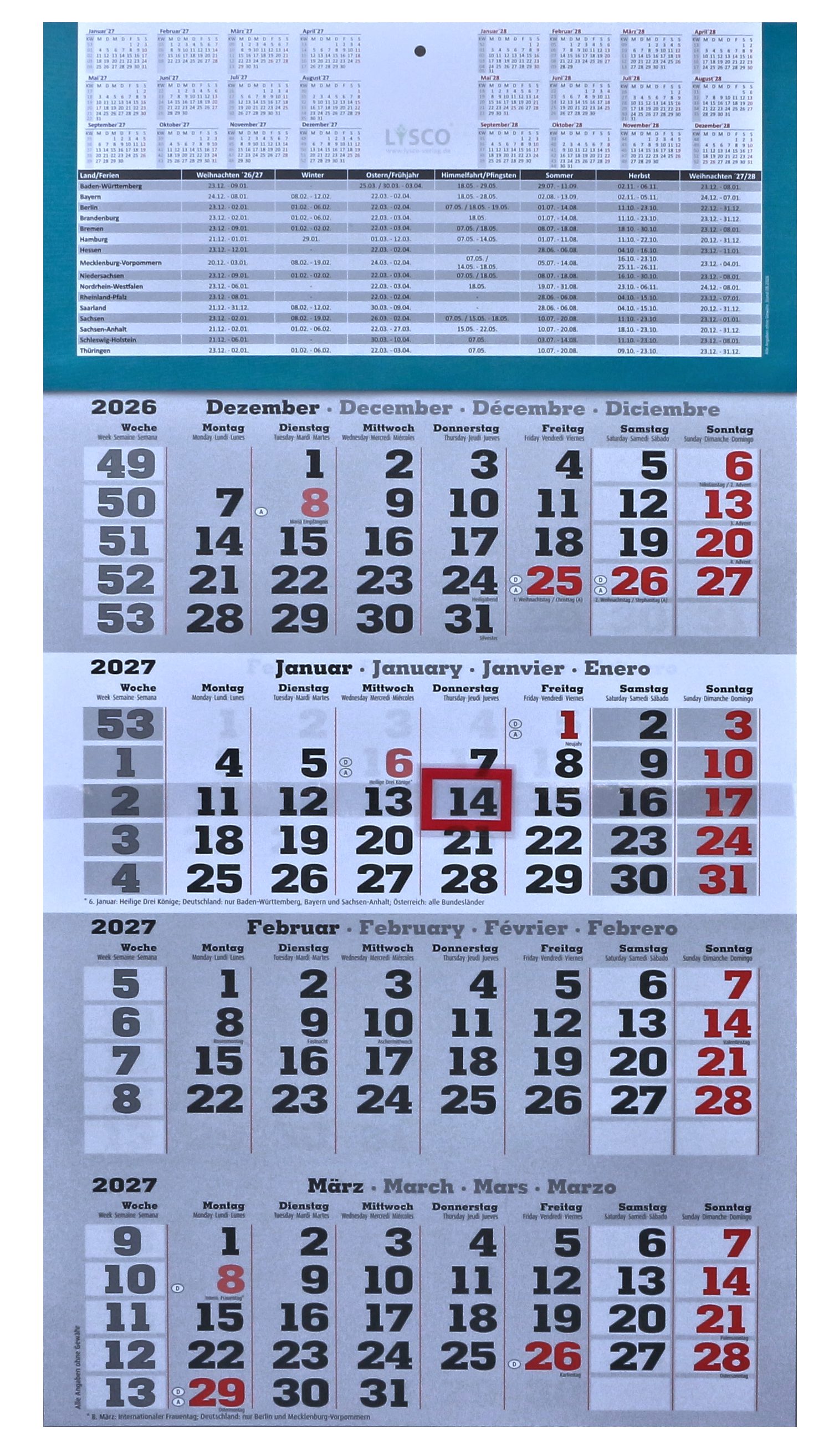 LYSCO Wandkalender Viermonatskalender 2027 - 4 Monatskalender Wandkalender, werbefrei, Feiertage und Ferien-dreisprachig-ENG,DE,AT, ES - Lieferung plano