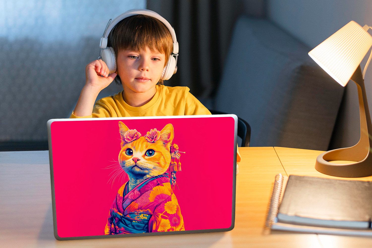 MuchoWow Laptop-Aufkleber Katze - Kimono - Blumen - Rosa, (1tlg), Aufkleber Geeignet für Laptops, Schutz vor Kratzern, Sticker, 31x22 cm