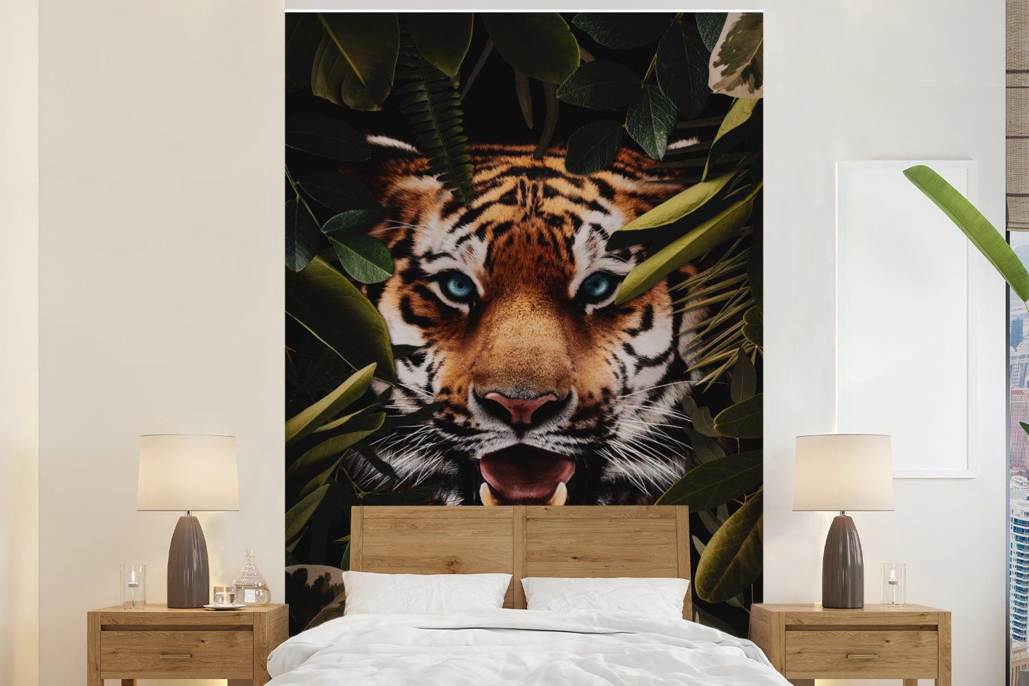 Matt, Tiger für Wandtapete - Vinyl MuchoWow Pflanzen Grün, Montagefertig St), (3 - Fototapete Wohnzimmer, bedruckt, Tapete