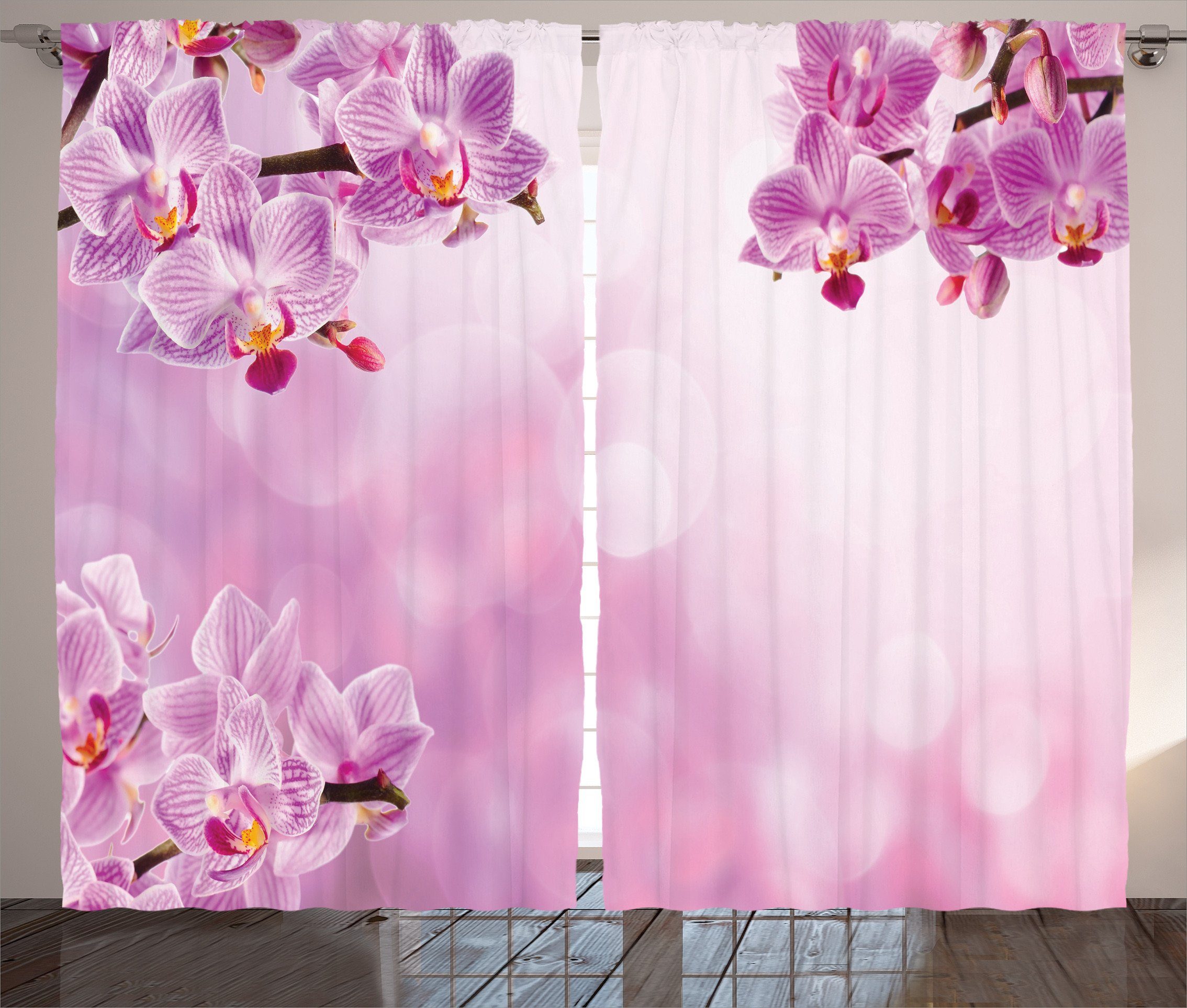 Gardine Schlafzimmer Kräuselband Schlaufen Spa mit Blütenblätter Haken, Frühling Orchid Rosa Abakuhaus, Vorhang und