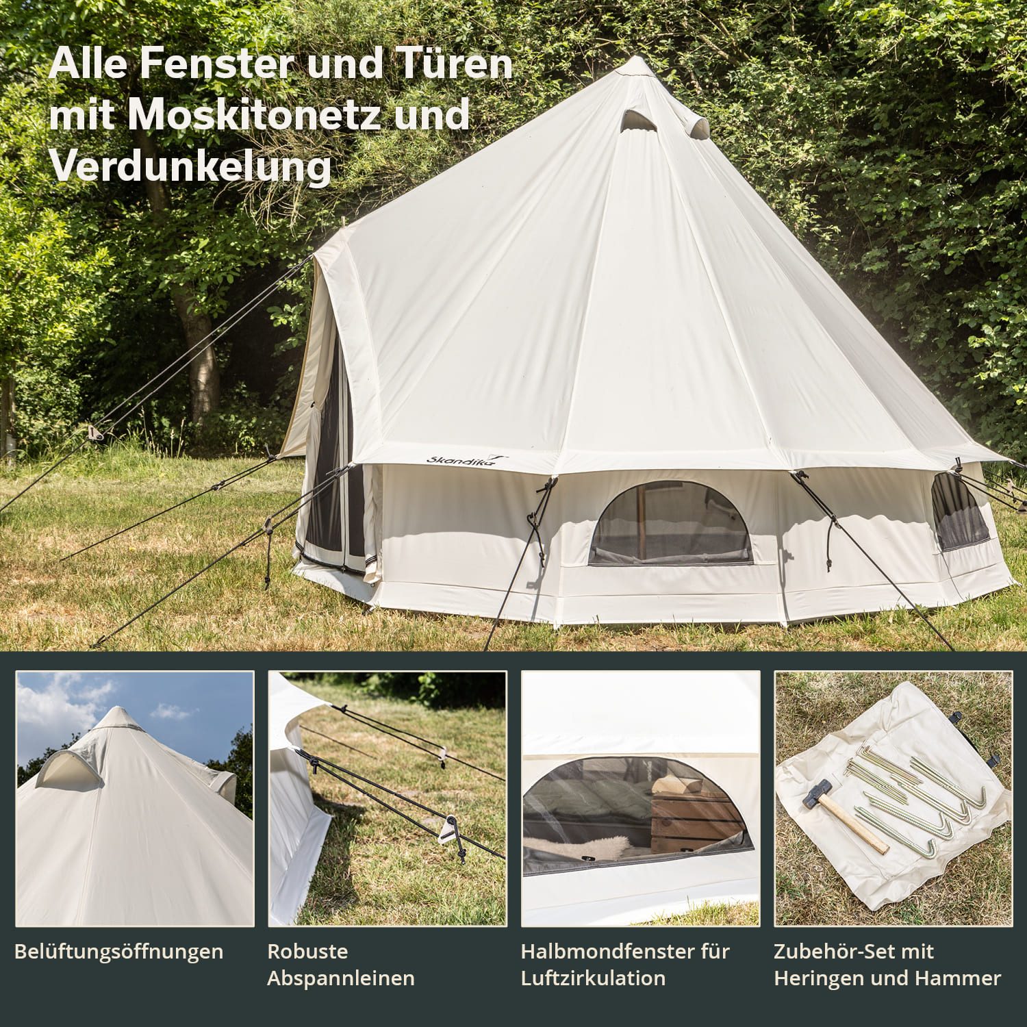 Skandika Tipi-Zelt Tipii 300 Technical Cotton, Glampingzelt mit eingenähtem Zeltboden, 4000 mm Wassersäule, Moskitonetz, wasserdicht, Festivalzelt, Camping