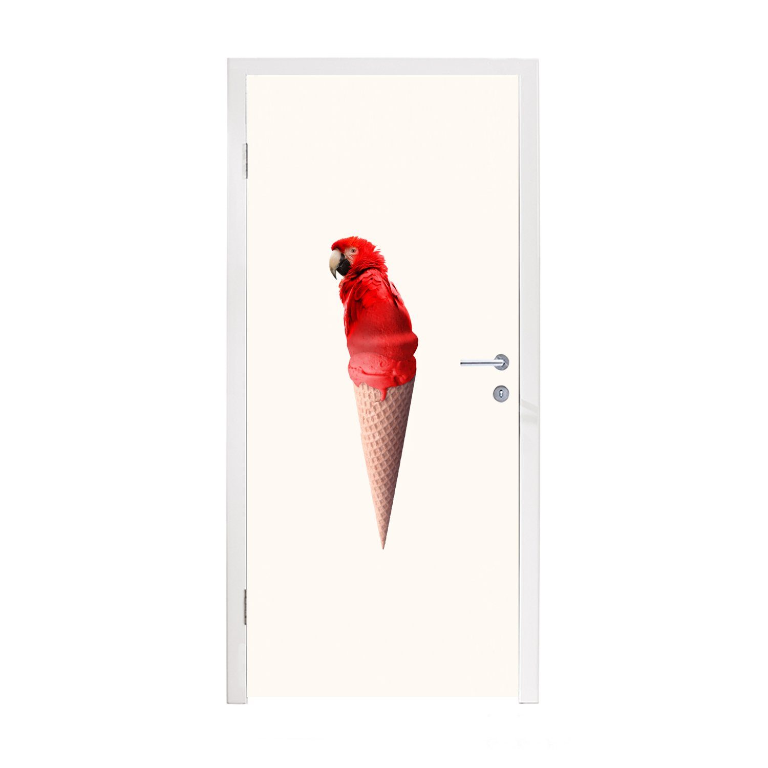 MuchoWow Türtapete Eiscreme - Papagei - Rot - Eistüten - Weiß, Matt, bedruckt, (1 St), Fototapete für Tür, Türaufkleber, 75x205 cm