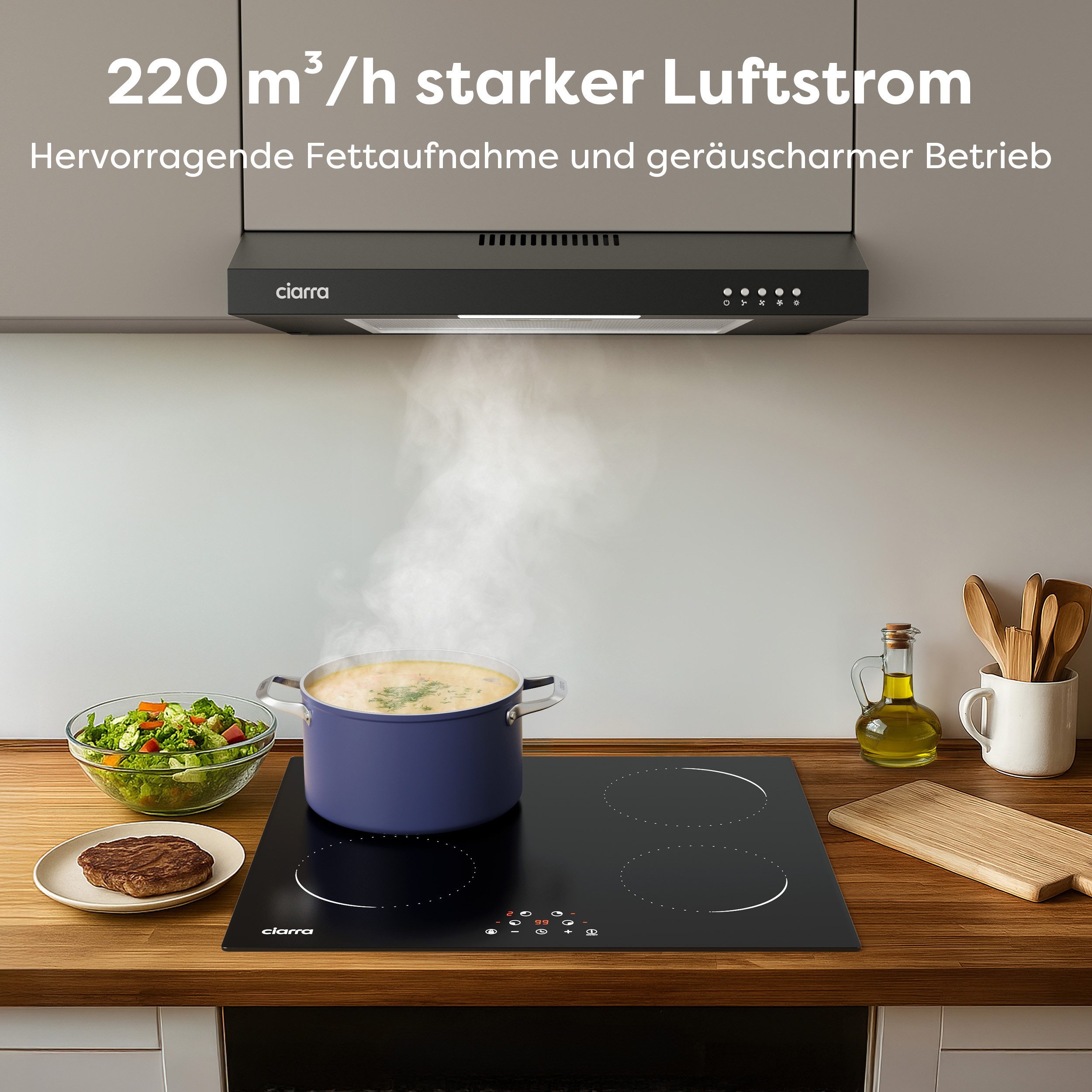 CIARRA Unterbauhaube 60 cm 220 m³/h Abluft & Umluft 3 Stufen LED leise CAB6903B 60 cm 220 m³/h Abluft & Umluft 3 Stufen LED leise CAB6903B, Unterbau-Dunstabzugshaube mit Aluminiumfilter & Kohlefilter Schwarz