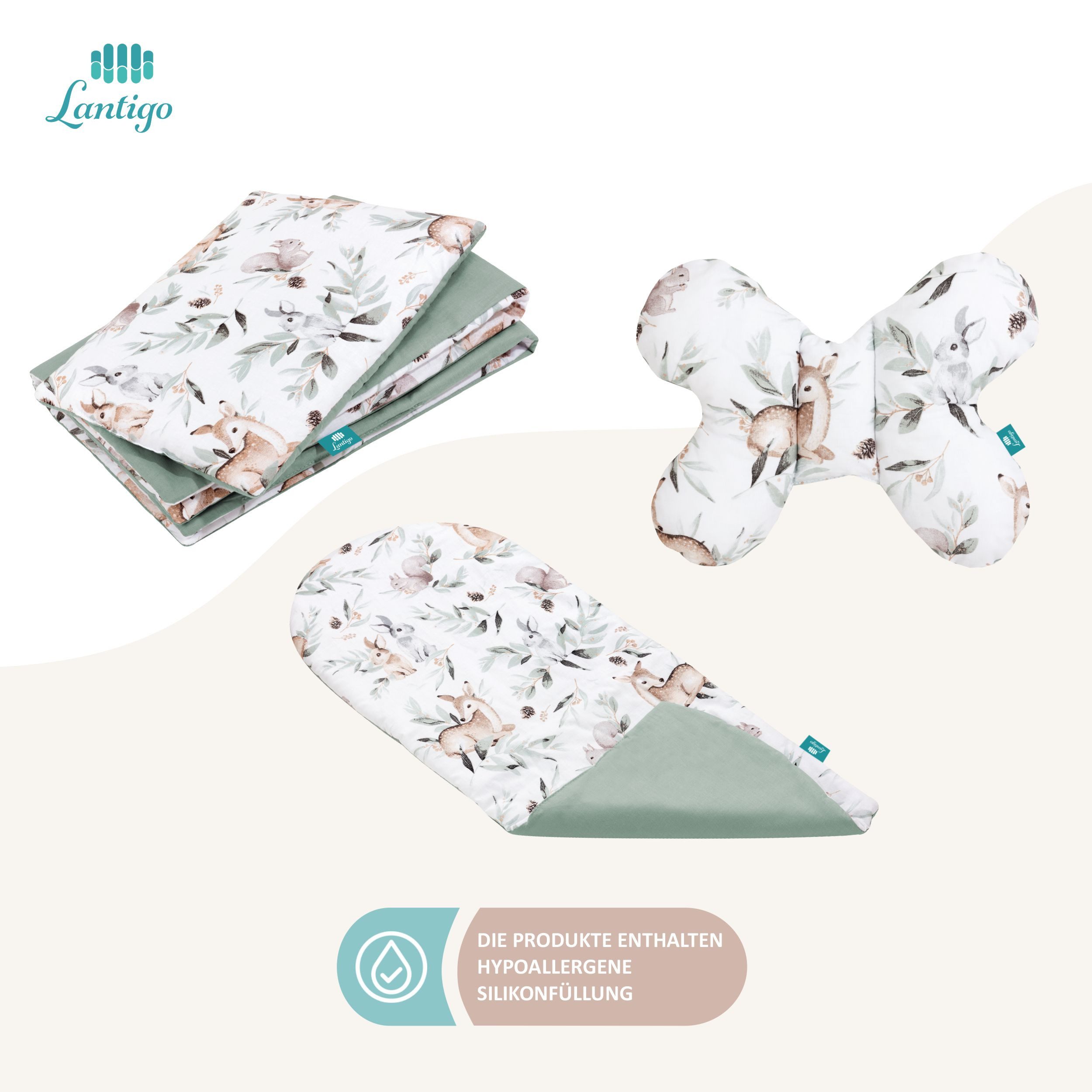 Lantigo Bettnestchen Nest Set für Neugeborene, Babynest Baby Nestchen Erstausstattung, (Grün, 6-tlg., Green Groove), 100 % Baumwolle inkl. Baby - Kuschelkokon, Kissen, Decke, Matraze