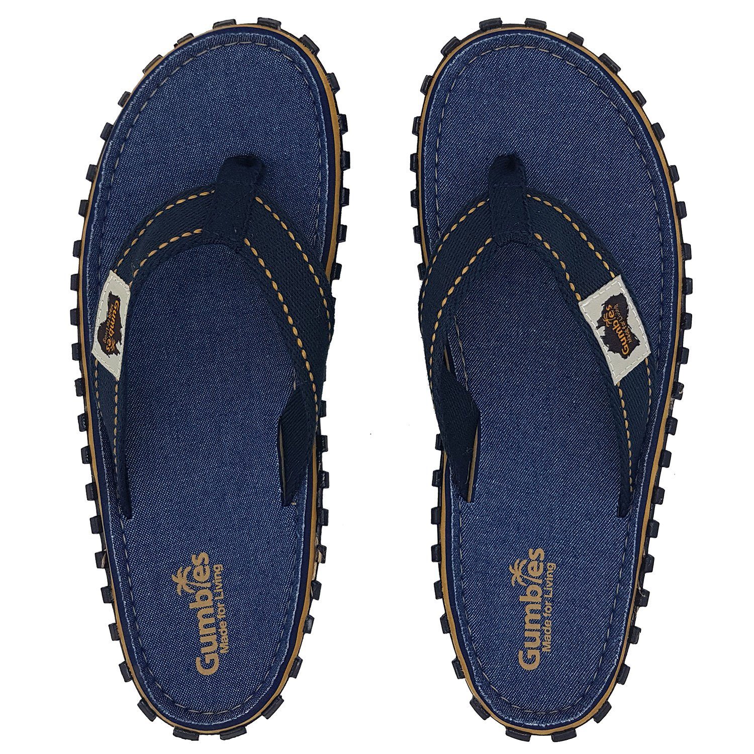 Gumbies Original in Dark Denim T-Strap-Zehentrenner aus recycelten Materialien hergestellt, stabile Gummisole