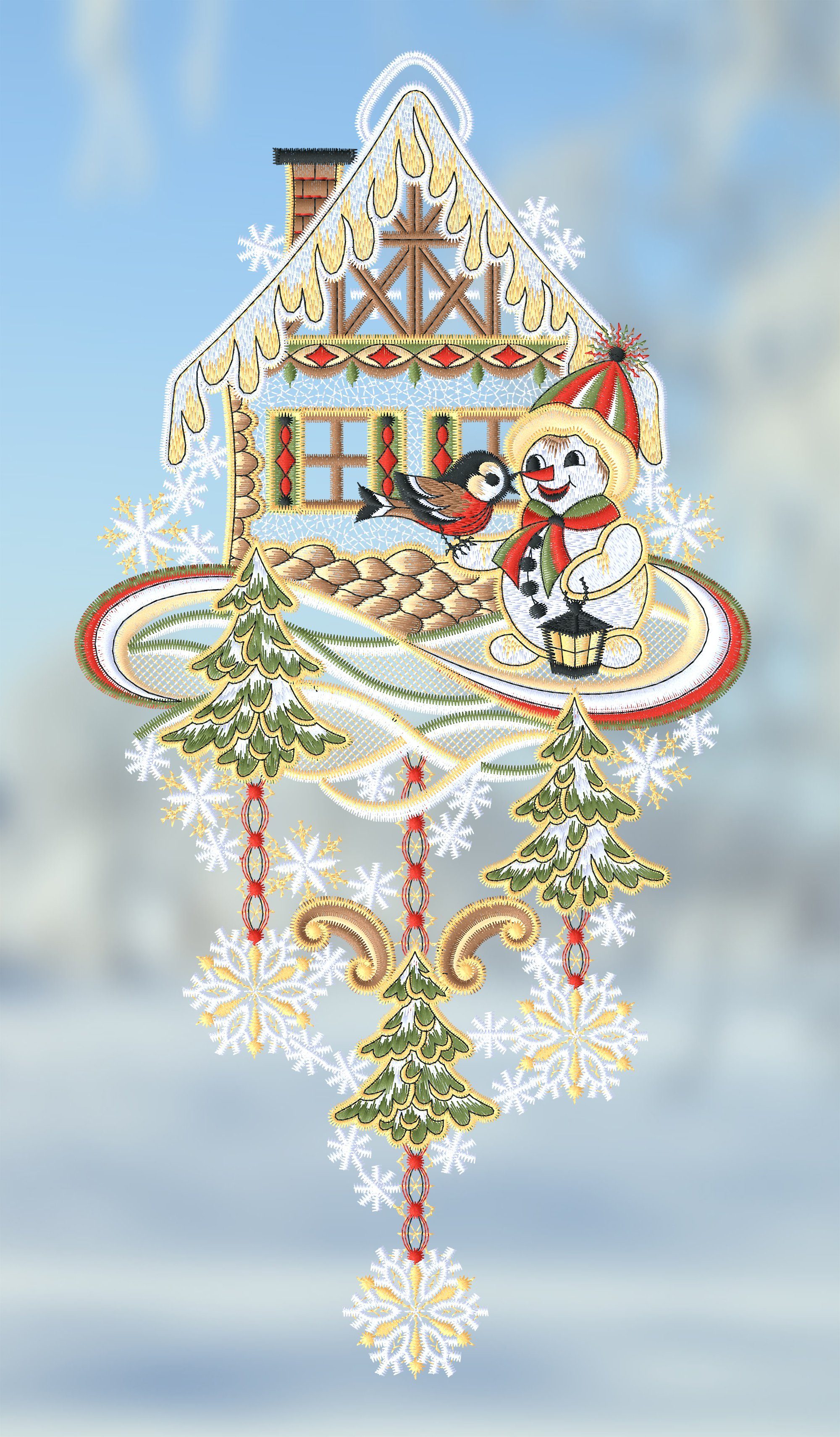 Plauener Spitze® Fensterbild Schneemann mit Winterhäuschen, günstig online kaufen