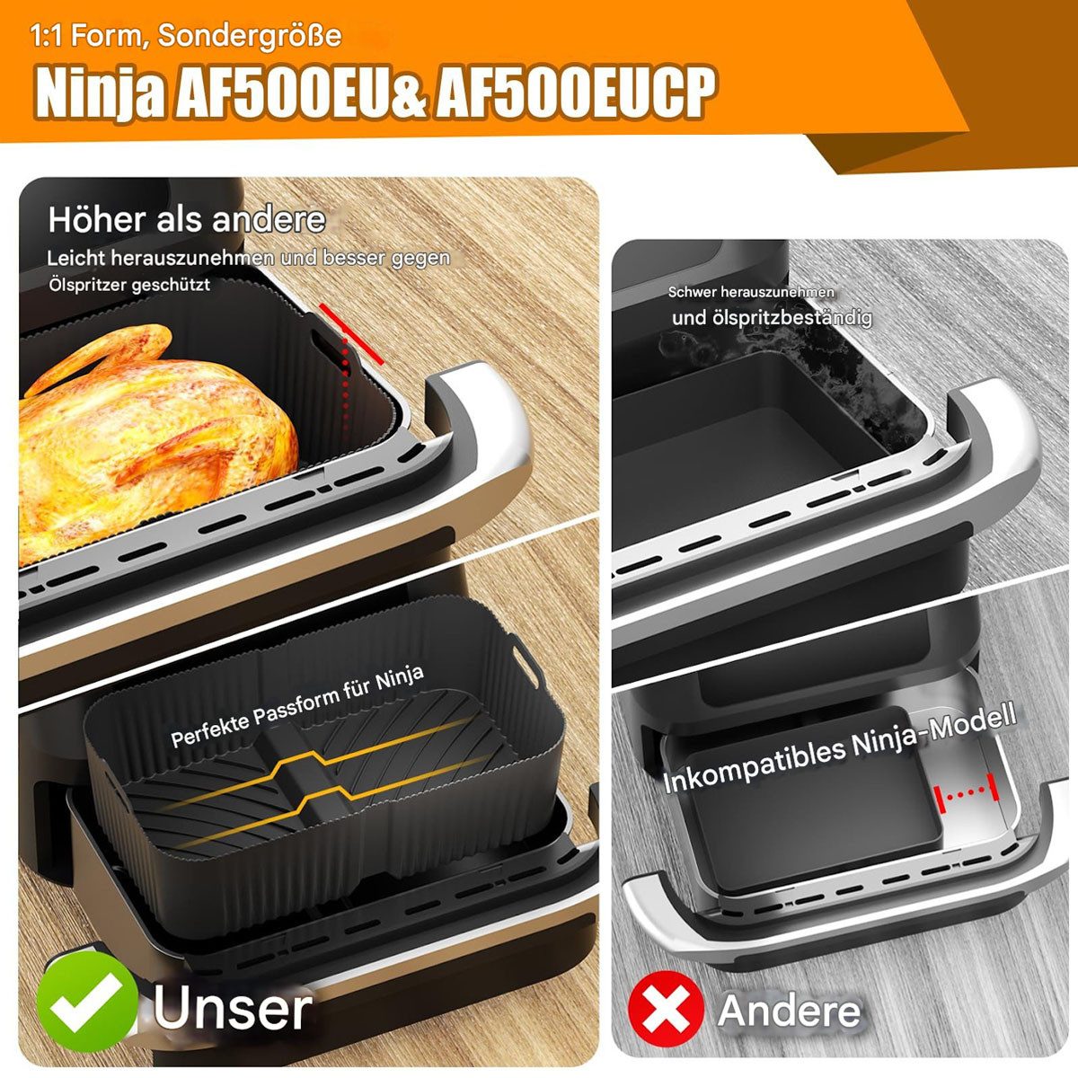 SURFOU Backform Heißluftfritteuse zubehör für Ninja Airfryer AF500EU 15-tlg BPA-frei, (Airfryer Zubehör Set für Ninja Foodi AF500EU& AF500EUCP, ninja foodi flexdrawer 10,4L,COSORI TwinFry 10L – 3 Silikonmatten & 12-teiliges Set, 10,4L, 5,2L, hitzebeständig bis 240 °C, Schnell zubereitet, gesund, fettarm, 304Edelstahl, Lebensmittelechtes Silikon 15-tlg), für Grillgerichte, Brathähnchen, Pommes Frites, Kuchen, Snacks