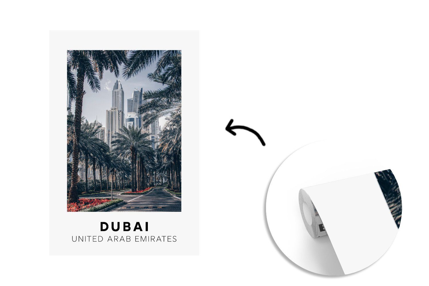 Fototapete (3 Matt, Architektur, - Palme Tapete Wandtapete Wohnzimmer, für - bedruckt, Dubai Vinyl MuchoWow St), Montagefertig