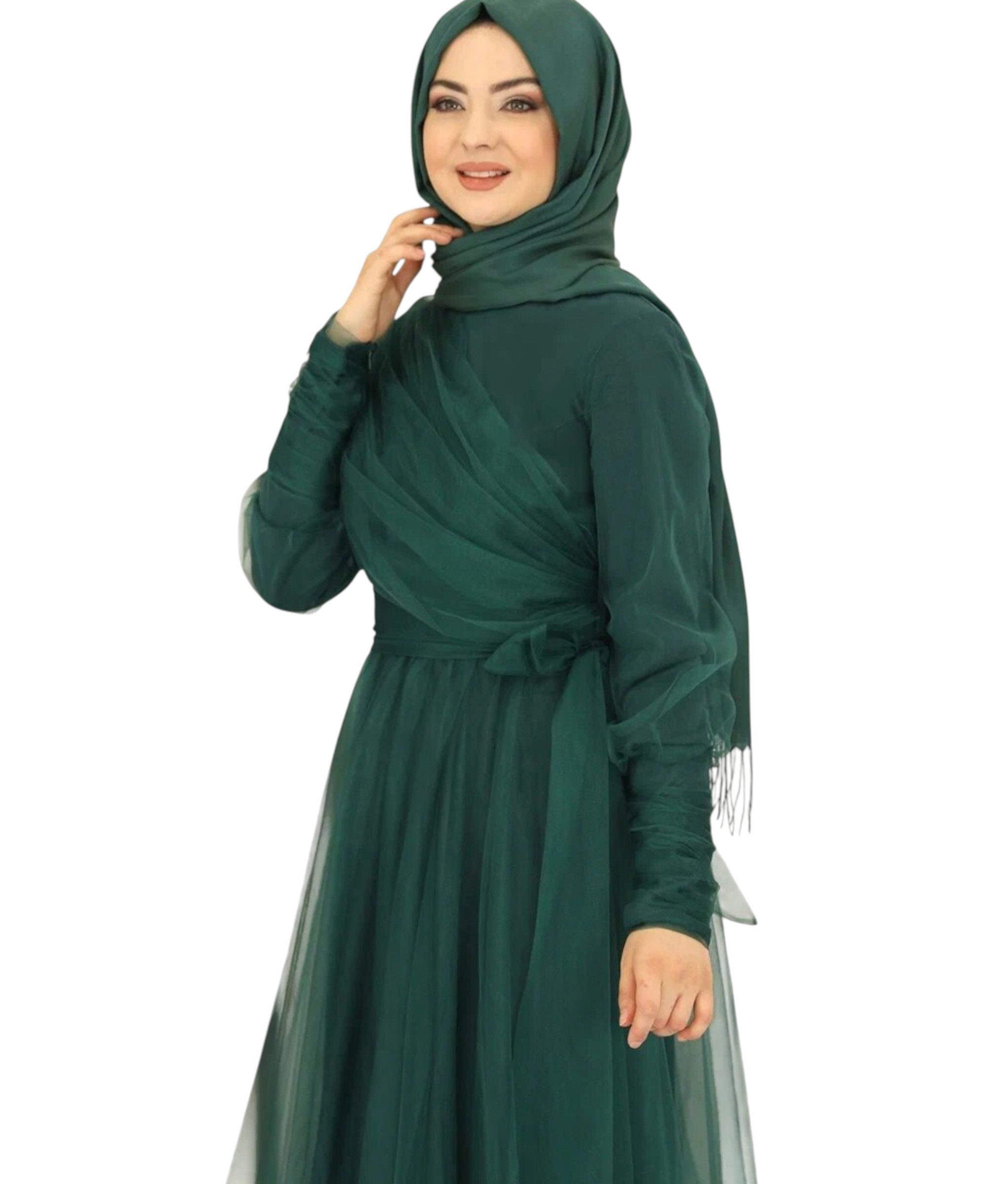 Modavitrini Tüllkleid Maxikleid langarm Abendkleid festlich elegant mit Gürtel bodenlang gefüttert, blickdicht – Bild 4 von 5