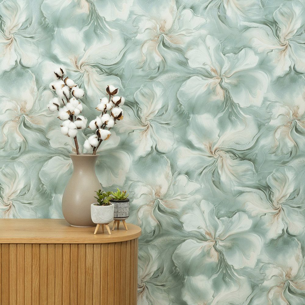 Erismann Vliestapete Marmor Optik Blumen Grün Beige Silber Glitzer 10514-18 Aurora – Bild 4 von 5