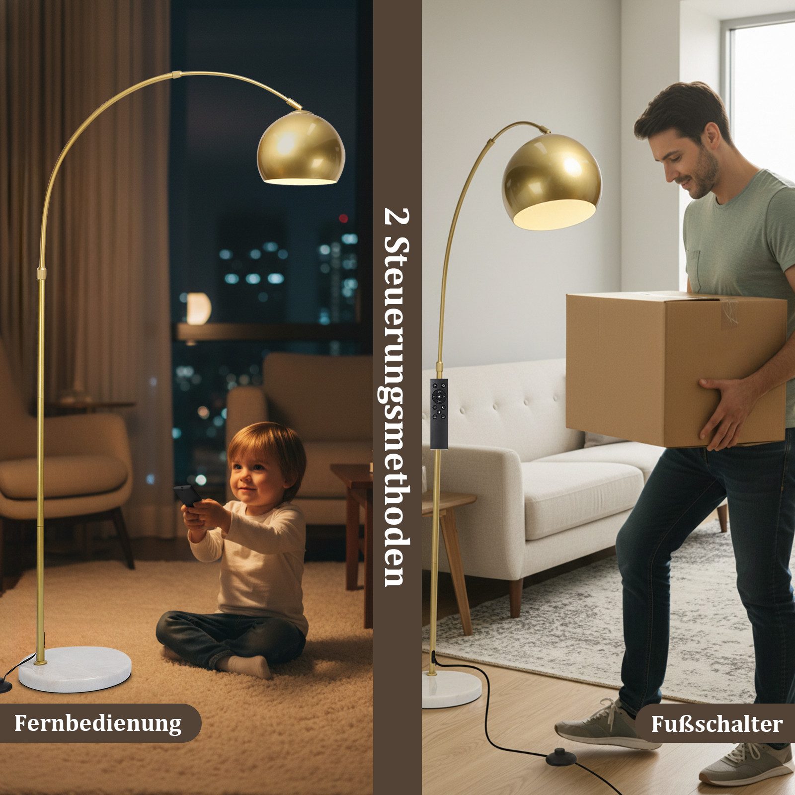 MUPOO Stehlampe Moderne Gold Arc Stehlampe aus Metall/dimmbare, mit Glühbirne, dimmbare/farblich einstellbare Glühbirne, Verstellbarem Metallschirm & Marmorsockel,mit Fernbedienung