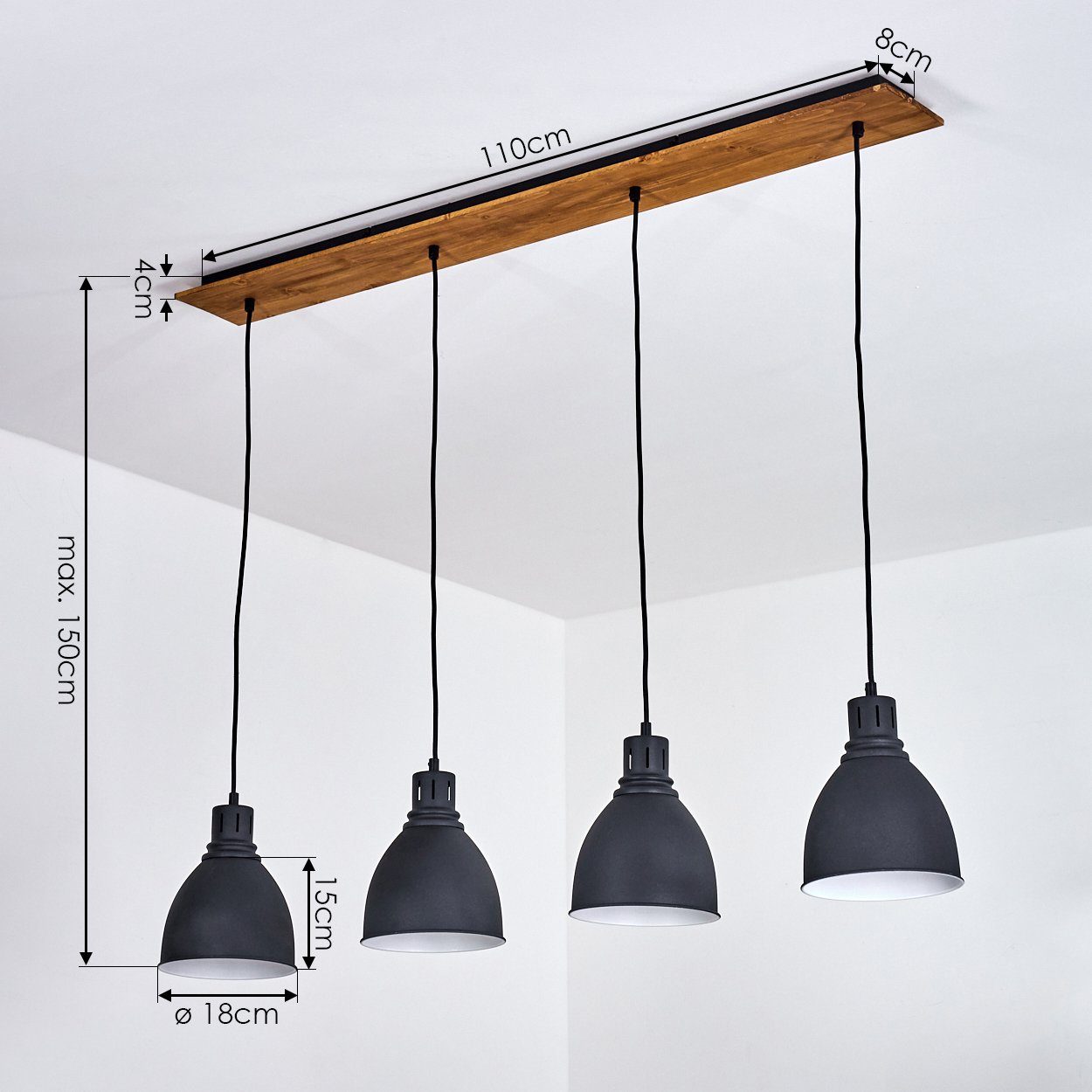 Höhe 150cm ohne Pendelleuchte aus Holz/Metall Hängelampe moderne hofstein Industrial in im 4xE27, max. Leuchtmittel, Hängeleuchte »Saliano« Design, Natur/Schwarz/Weiß,