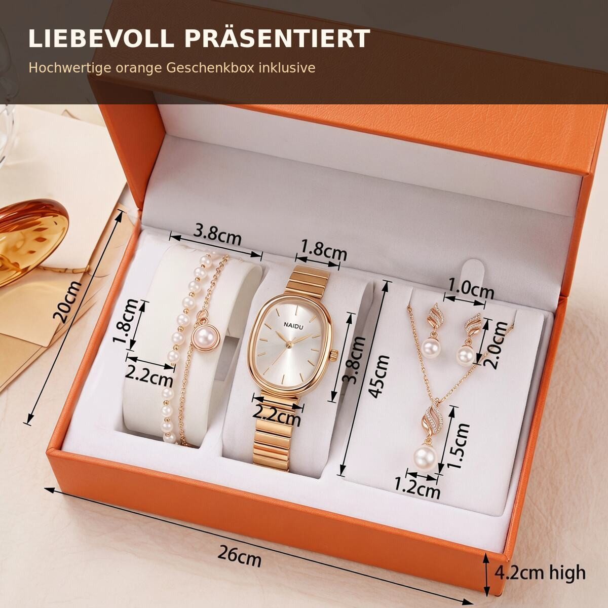 Fyrove Quarzuhr für Damen, Geschenk für Frauen,Damen Uhr Schmuckset in Geschenkbox, (Quarzuhr Roségold mit Armband, Halskette & Damen Ohrringen, Weihnachtsgesch – Bild 5 von 5