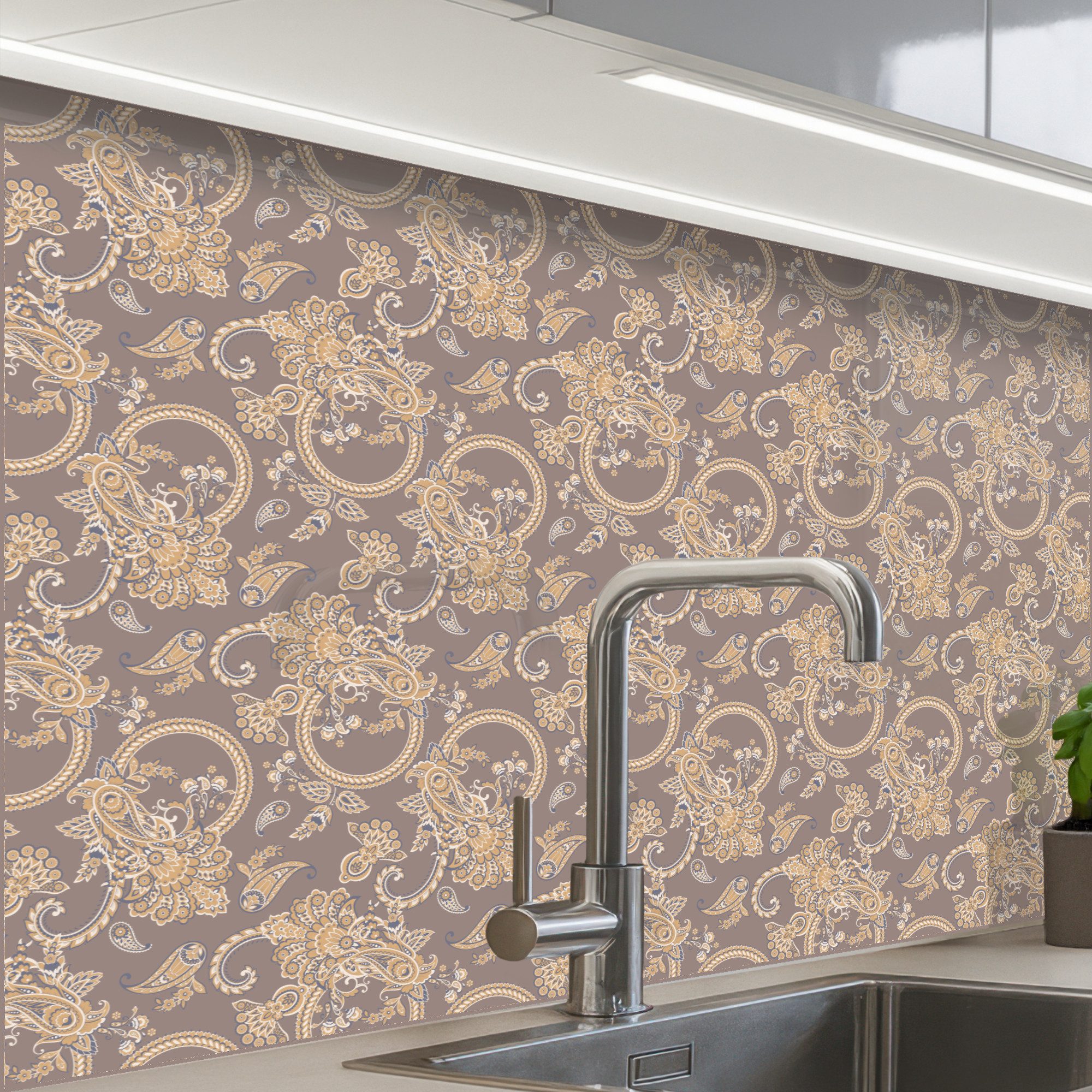 KitchenYeah Küchenrückwand Muster selbstklebend (keine Folie) Orientalisch - Blumen - Beige - Gra, (1-tlg), Spritzschutz, Küche, Rückwand, Küchenwand, Küchenfront, 30x20 cm
