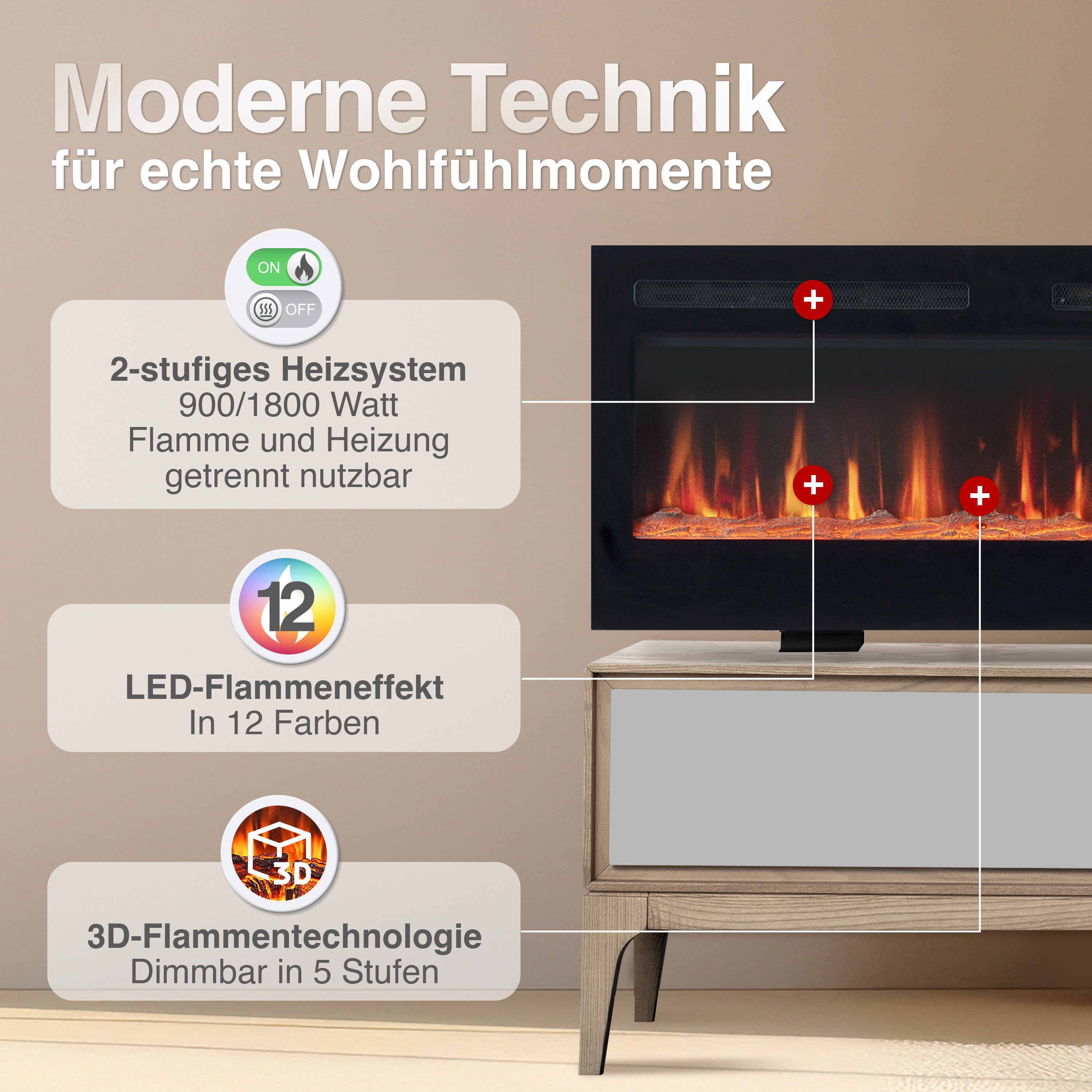KAMINIO Elektrokamin MARLON, 3in1 Kamin: Elektrischer Stand-, Wand- und Einbaukamin, Heizung 1800W