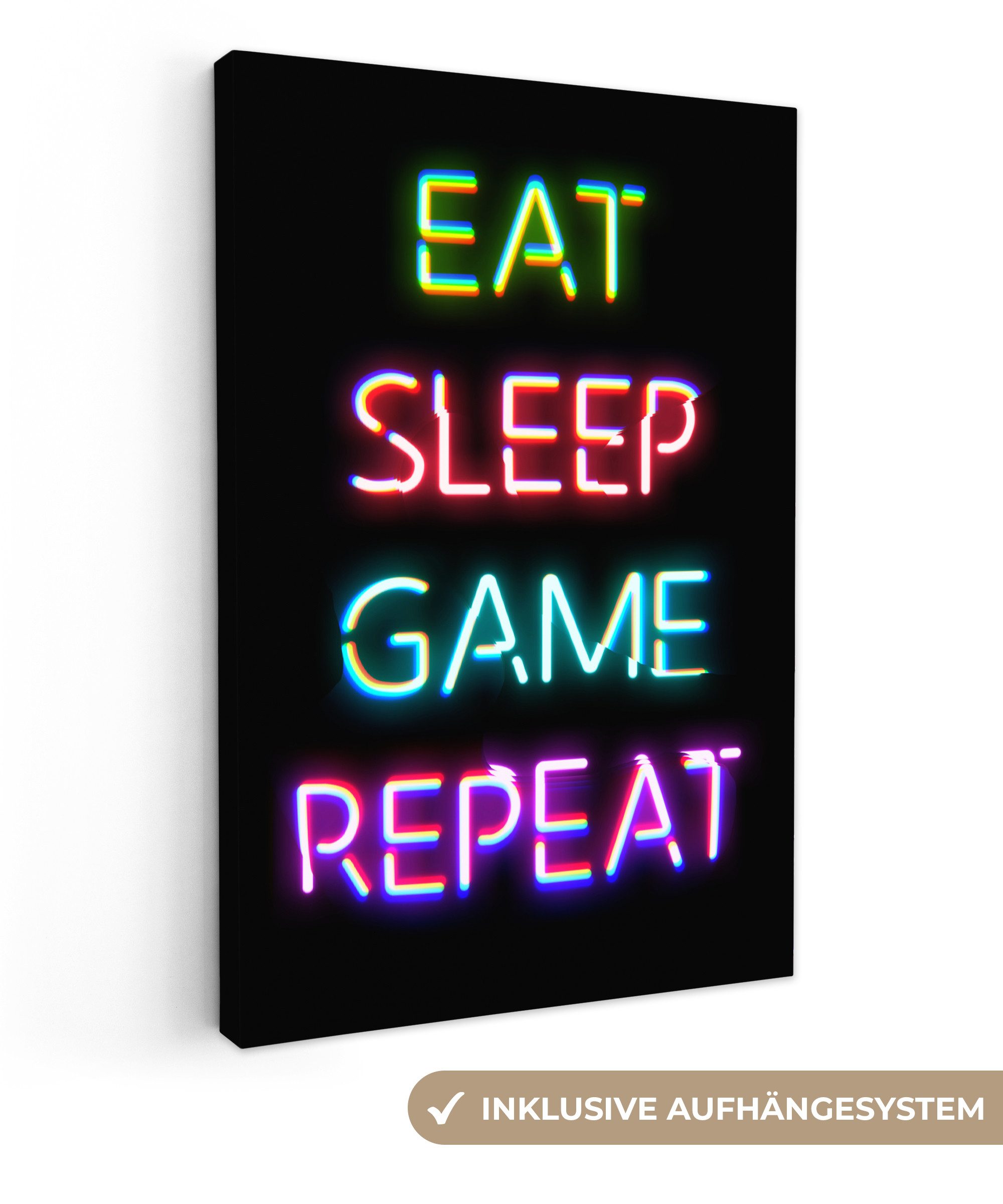 OneMillionCanvasses® Leinwandbild Gaming - Led - Zitat - Eat sleep game repeat - Gaming, Fotodruck (1 St), Leinwand Canvas Wandbild, Wanddekoration 20x30 cm