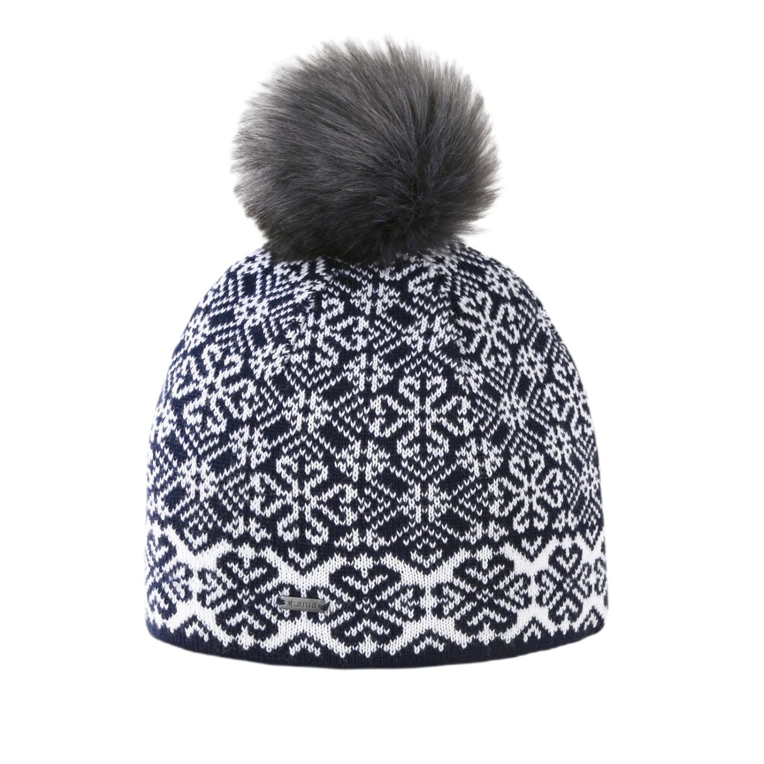 Strickmütze (Bommel) A173 Merino - Damen navyblau/weiss- 1 Stück
