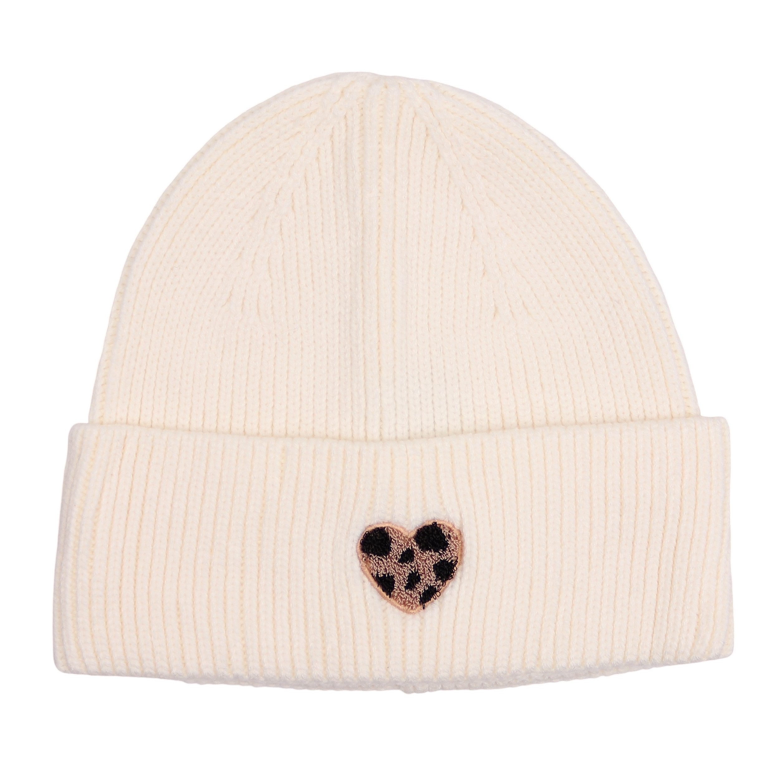 MIRROSI Strickmütze Damen Beanie aus 100% Viskose mit Umschlag & Herz-Patch im Leo-Look ungefüttert