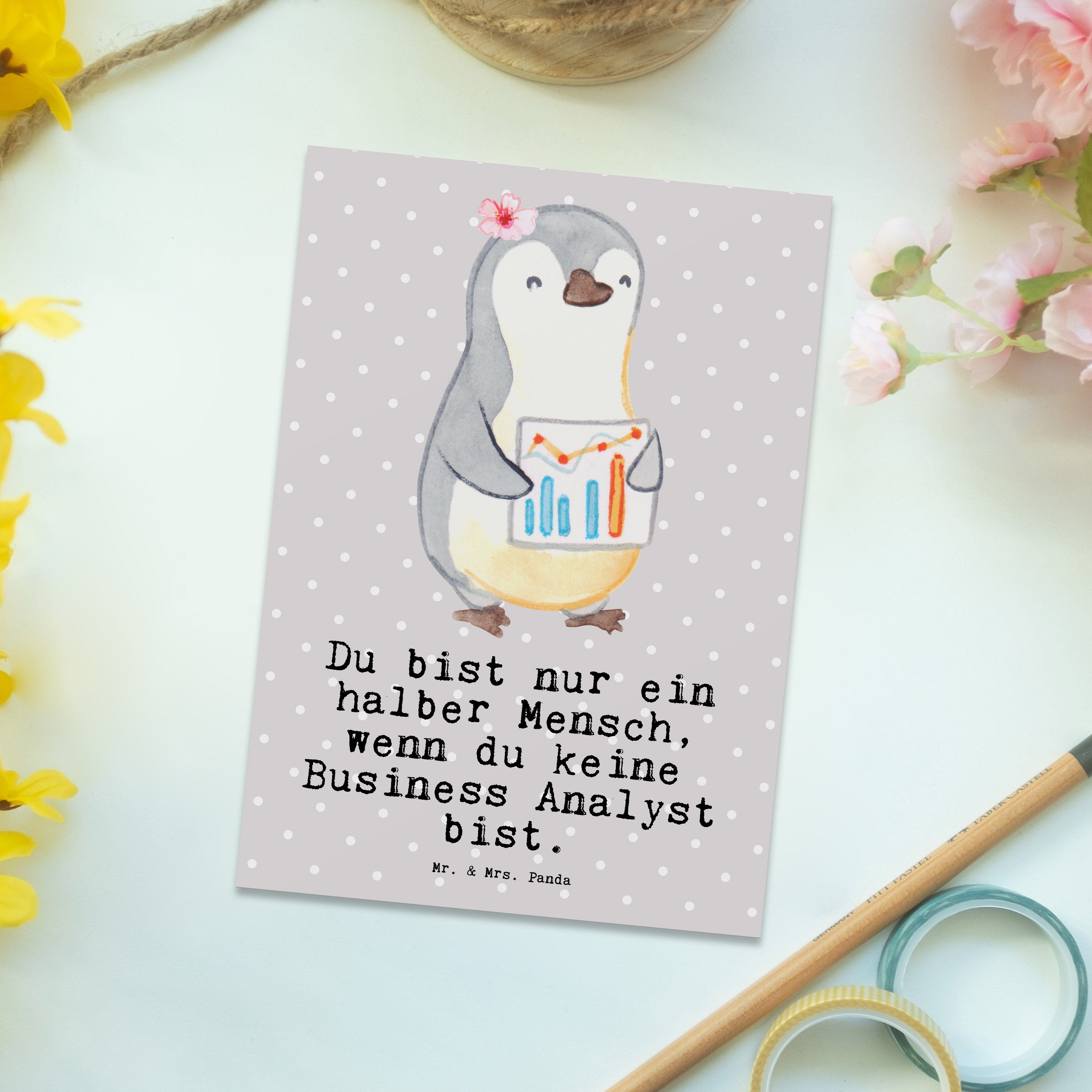 Geschenk, - Firma Grau - Pastell Mrs. Analyst Postkarte Mr. Herz & Kollege, Business mit Panda