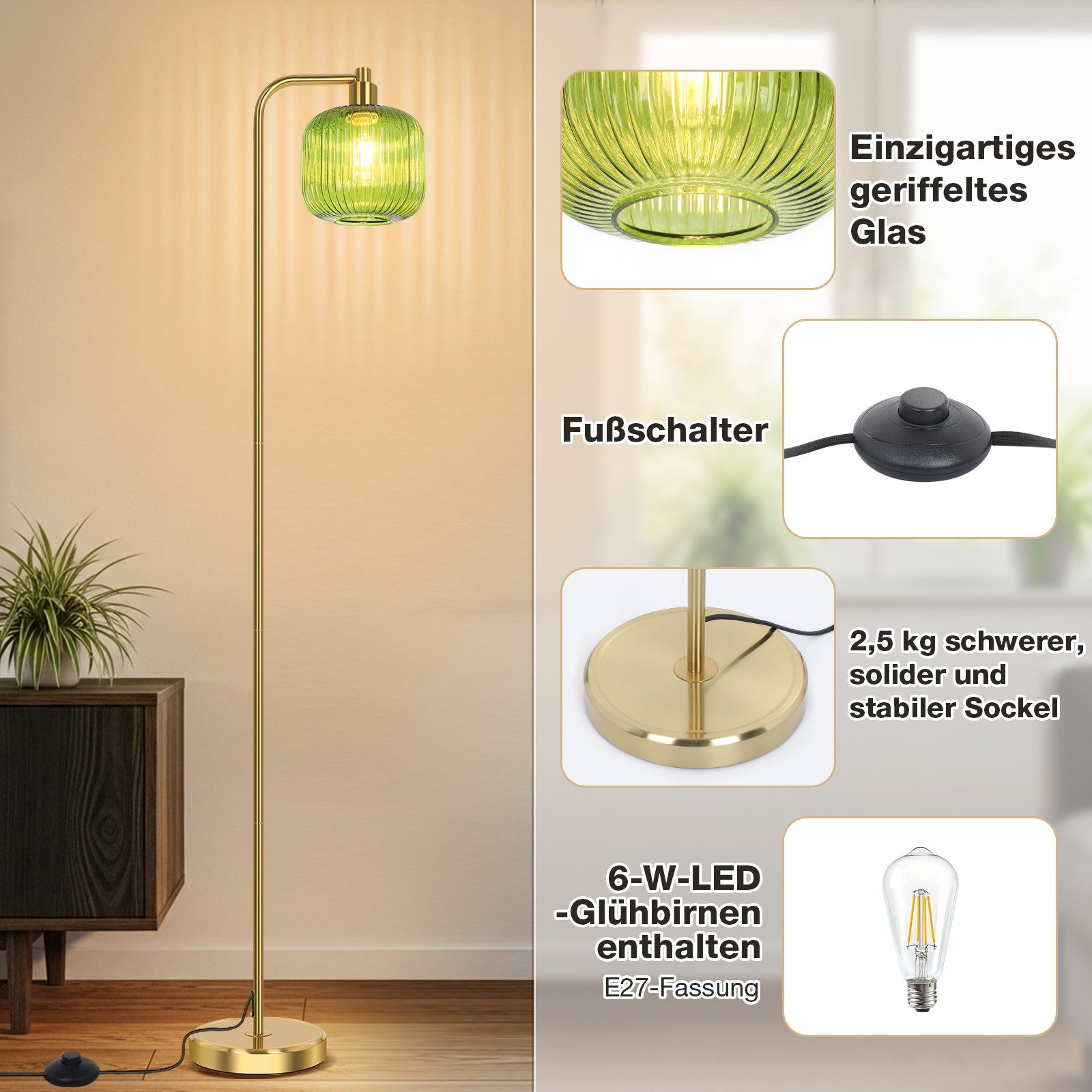 Rosnek LED Stehlampe Vintage Stehleuchte Wohnzimmer Retro Leselampe für Sch günstig online kaufen