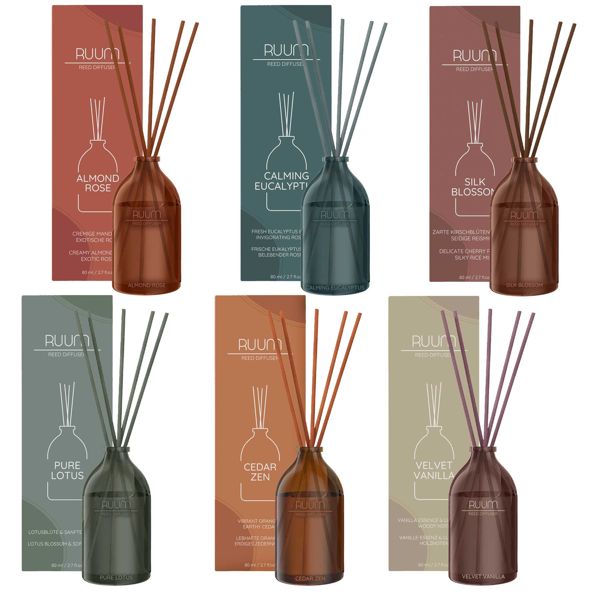 RUUM Duftstäbchen Reed Diffuser Duftvasen (Mix Paket, 6-St., 6er Set je 80 ml, feste Duftvarianten), Rattanstäbchen mit Glasvase