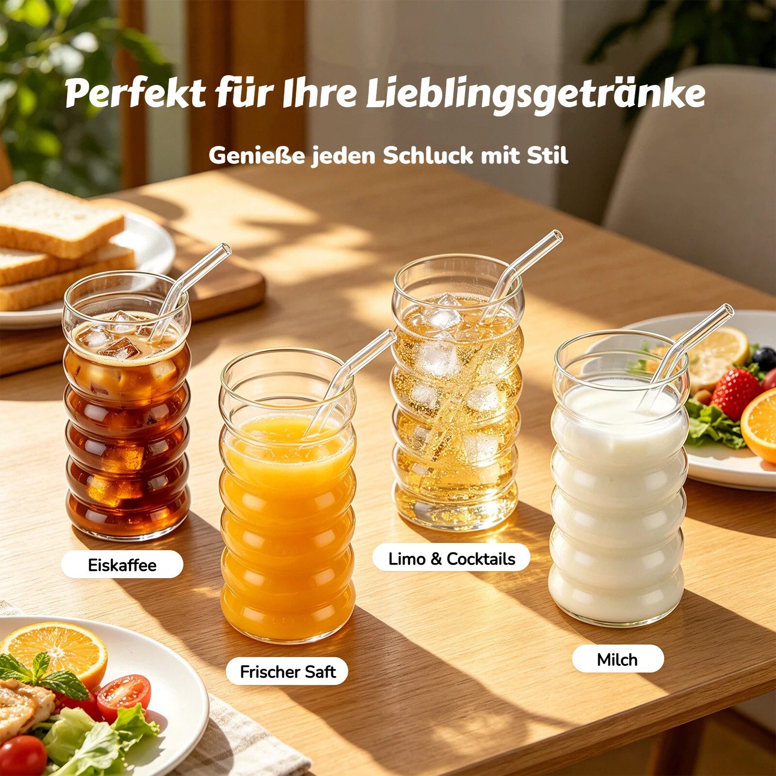 BlingBin Latte-Macchiato-Tasse 4 Stück Gerippte Trinkgläser Getränkegläser, Espressotassen Gläser Set, 4-tlg., Glas, Kaffeetassen Mit 4 Straws Für Cappuccino, Latte, Kaffee, Milch, 500ML