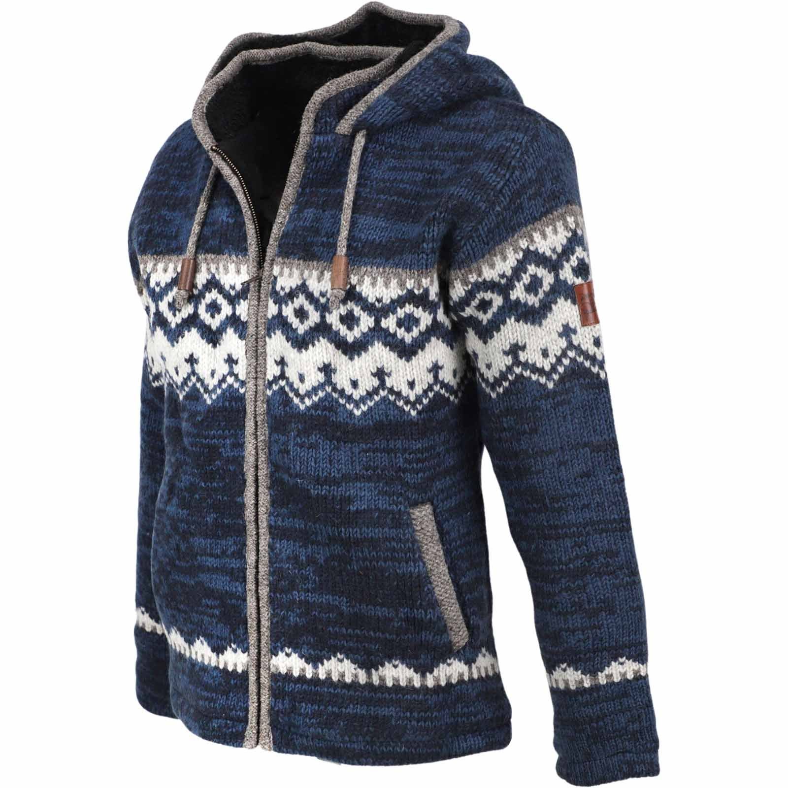 KUNST UND MAGIE Strickjacke Herren Strickjacke Schurwolle Nordisches Muster Wolle Jacke+Kapuze