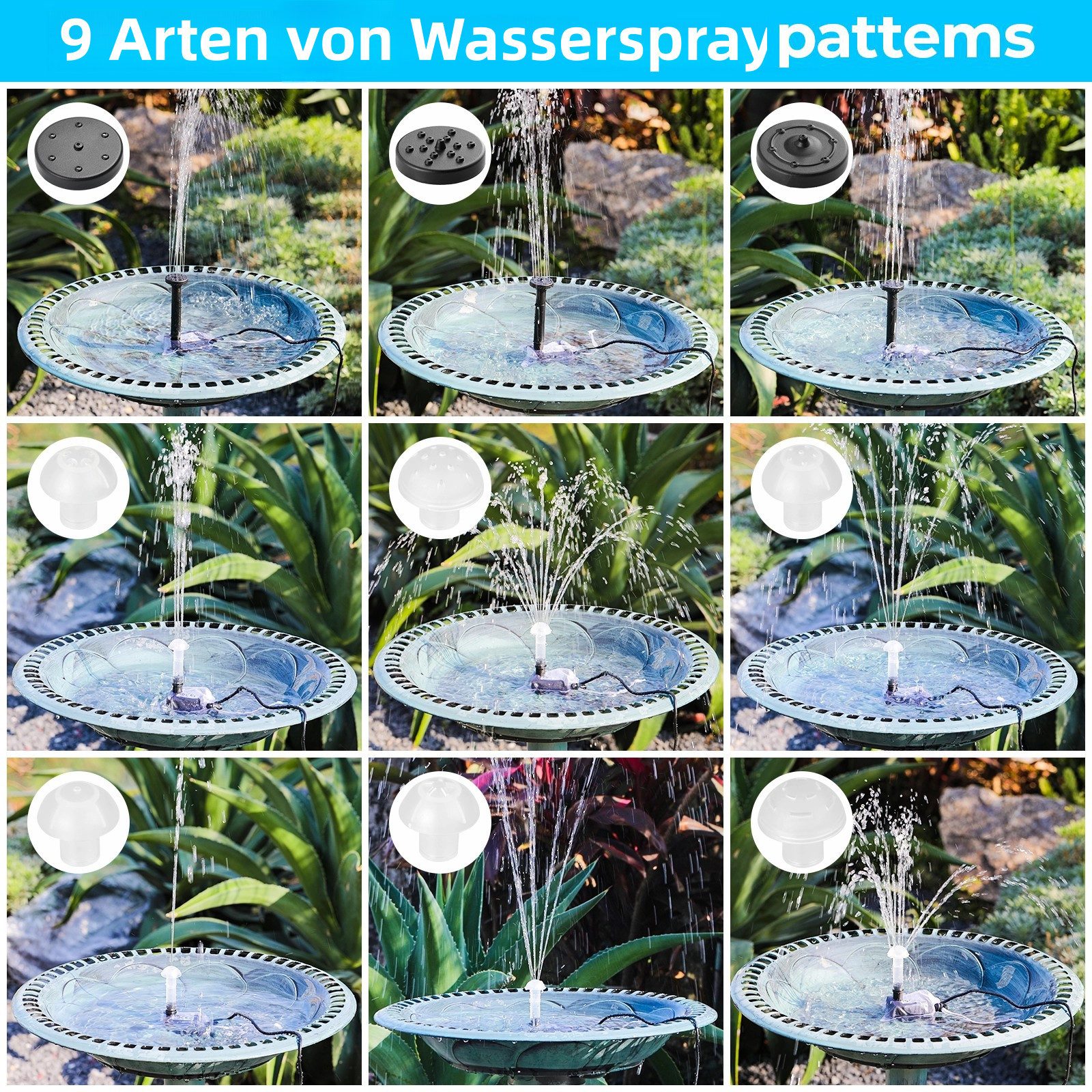 TLGREEN Solarpumpe Solar Teichpumpe, (170L/h Solar Springbrunnen,Solar Brunnenpumpen mit 1M Wasserleitung DIY, 9 Düsen, 3,25M Kabellänge, Solar Wasserpumpe), für Garten Teich Brunnen Wasserfall Pool