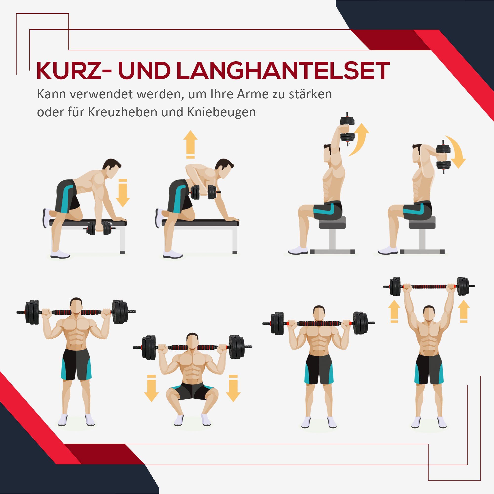 HOMCOM Hantel-Set professionell Dumbbell Krafttraining Kurzhantel für Fitness, und 25 kg (Set, 1 Hanteln Gewichtheben & verstellbare in 2 Langhantel), Set