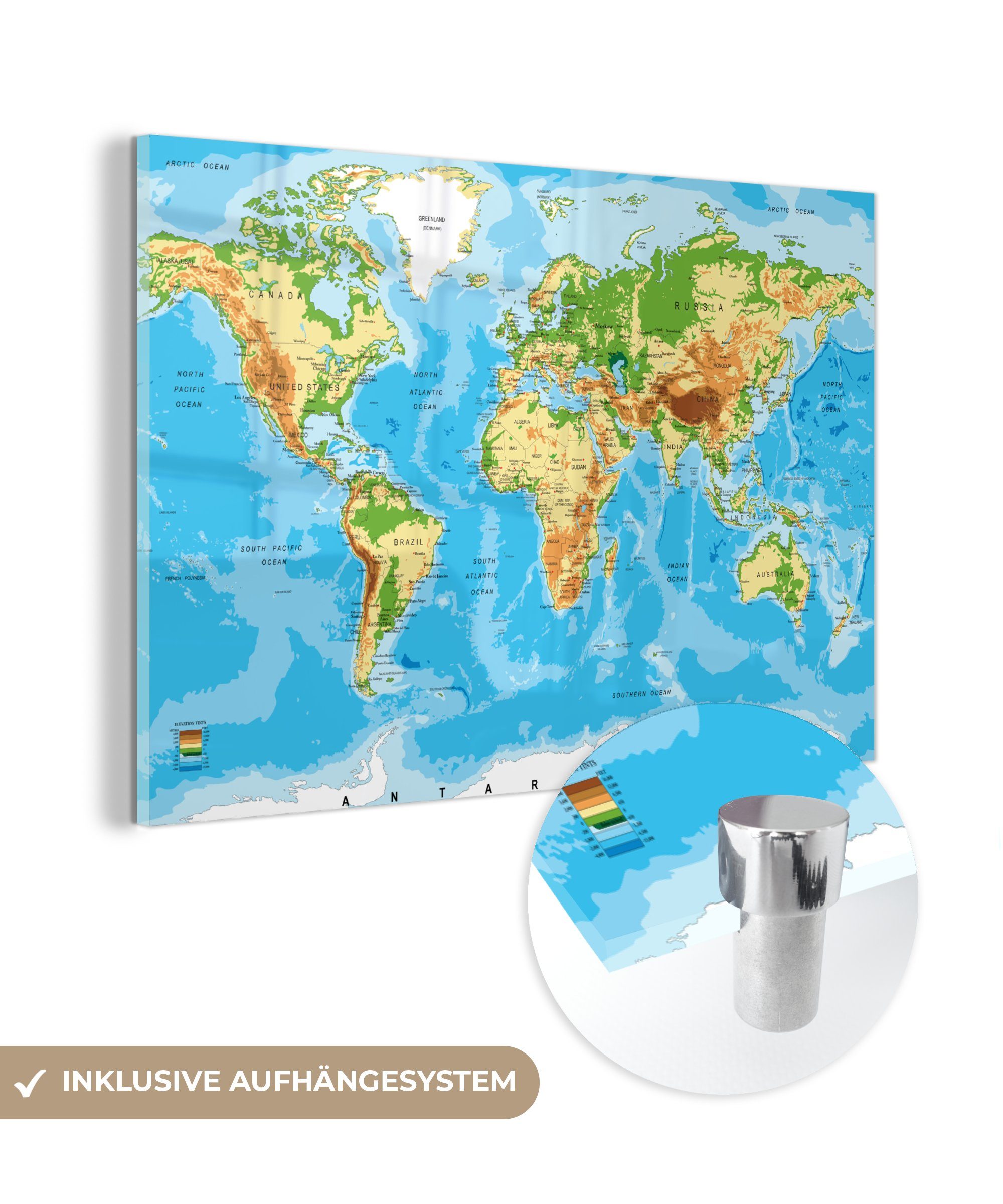 MuchoWow Acrylglasbild Weltkarte - Atlas - Farben - Kinder - Jungen - Mädchen, Inkl. Aufhängung, Glasbilder Wohnzimmer, Schlafzimmer, Flur & Esszimmer, 30x20 cm