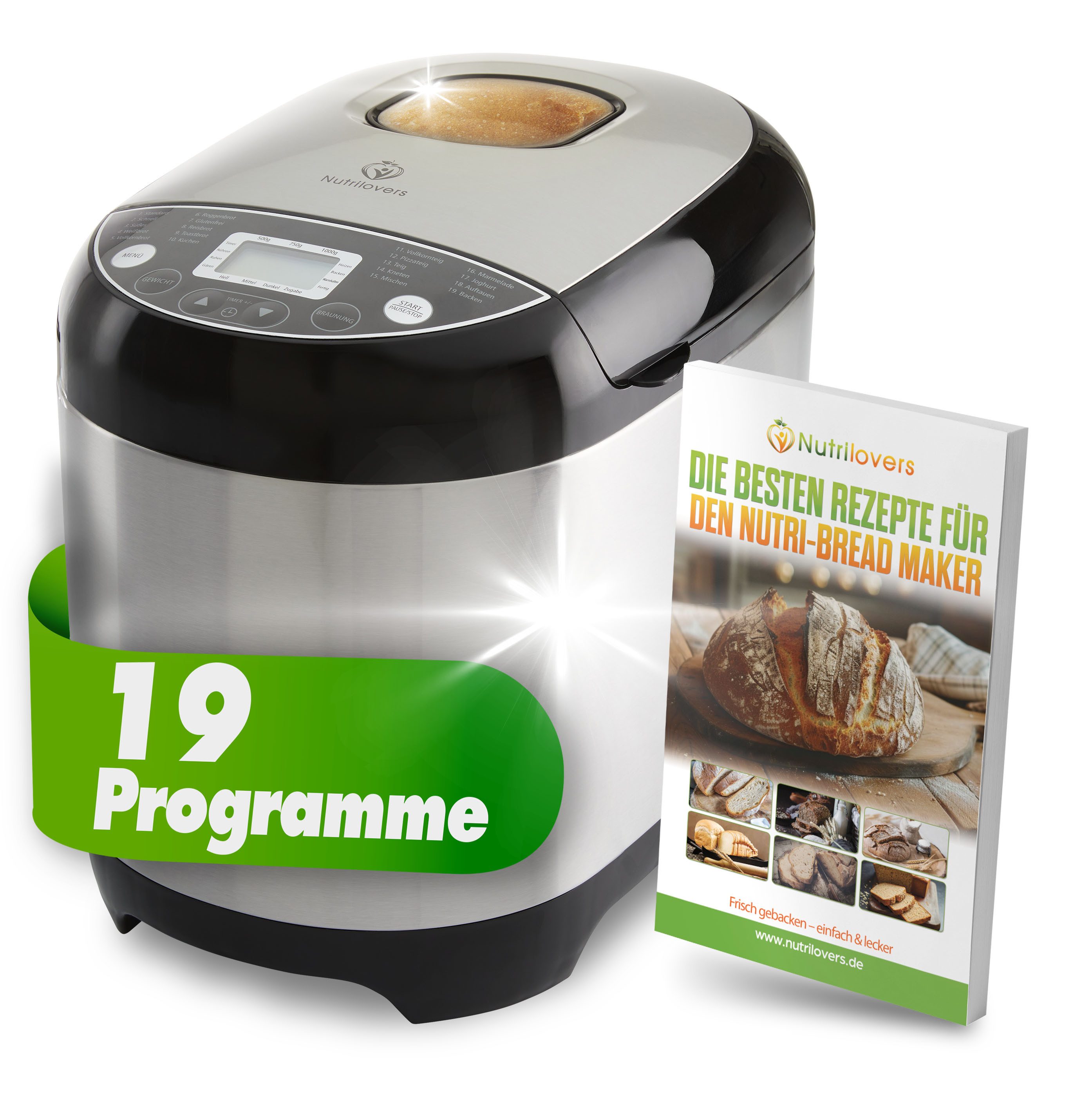 Nutrilovers Brotbackautomat NUTRI-BREAD MAKER Brotbackautomat Edelstahl 19 Programme, 3 Brotgrößen, 19 Programme, 650 W, Edelstahlgehäuse, 3 Brotgrößen, 19 Programme, Timer
