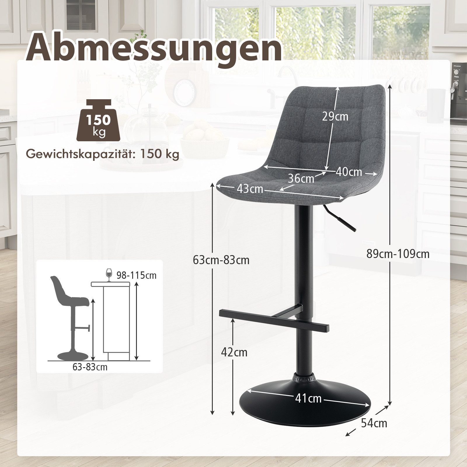 COSTWAY Barhocker (2er Set), Küchenstuhl drehbar & höhenverstellbar, mit Fußstütze