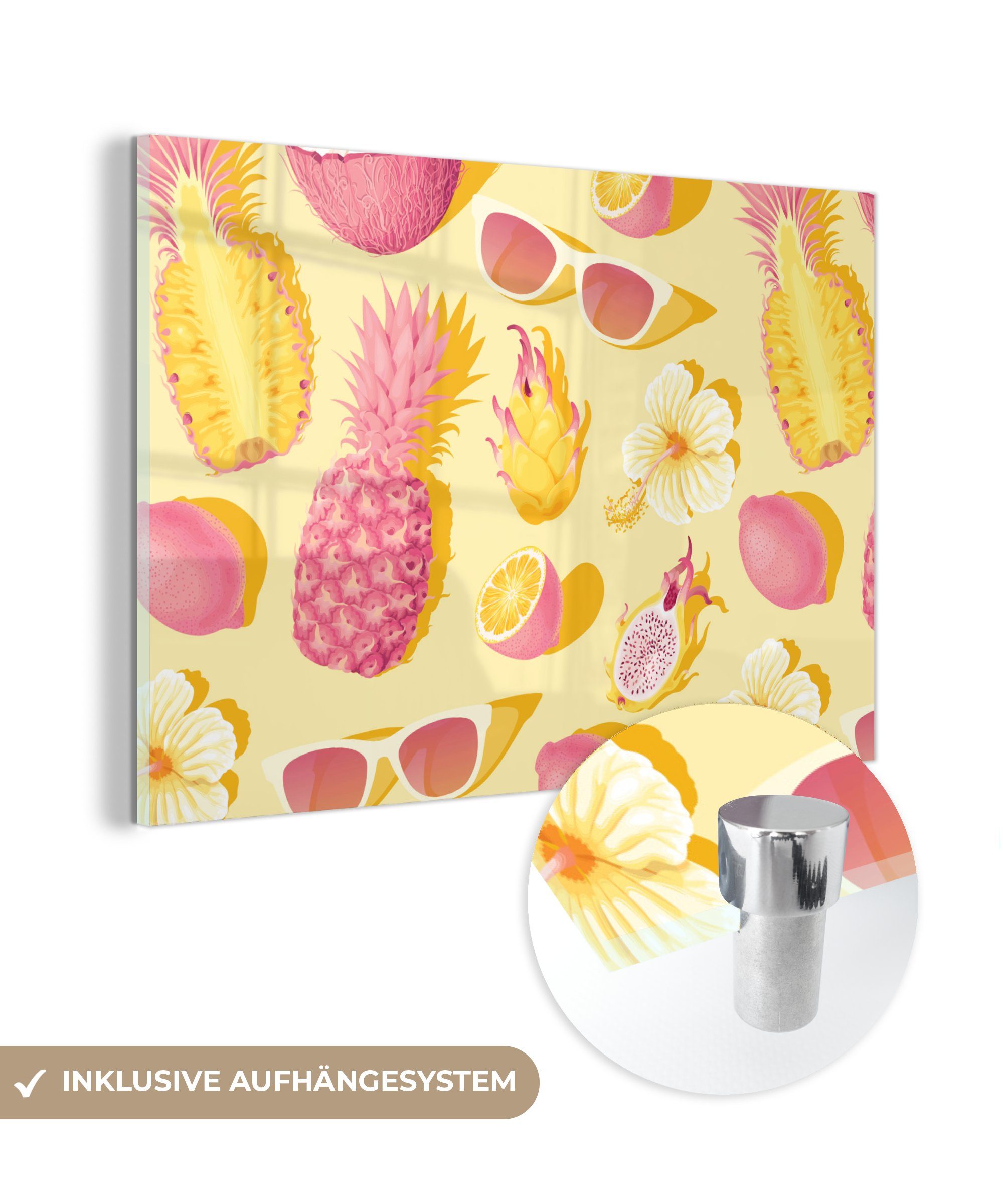 MuchoWow Acrylglasbild Sommer - Ananas - Gelb, (1 St), Acrylglasbilder Wohnzimmer & Schlafzimmer | Bilder