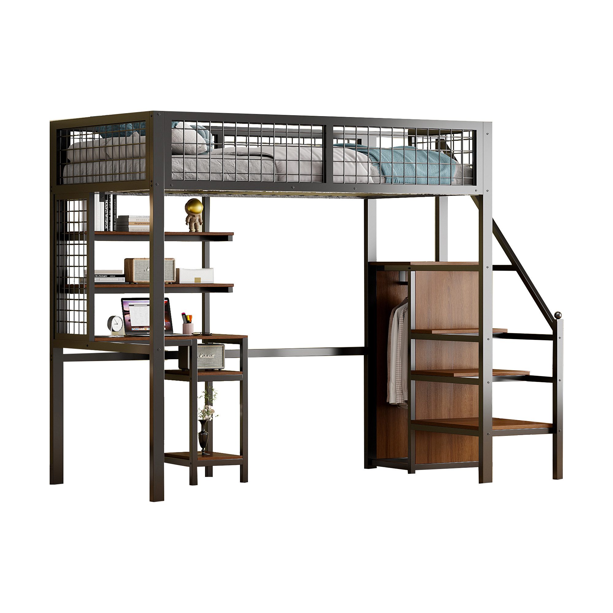 Flieks Hochbett Kinderbett 90x200cm mit Tisch/Leiter/Regal/Kleiderschrank günstig online kaufen