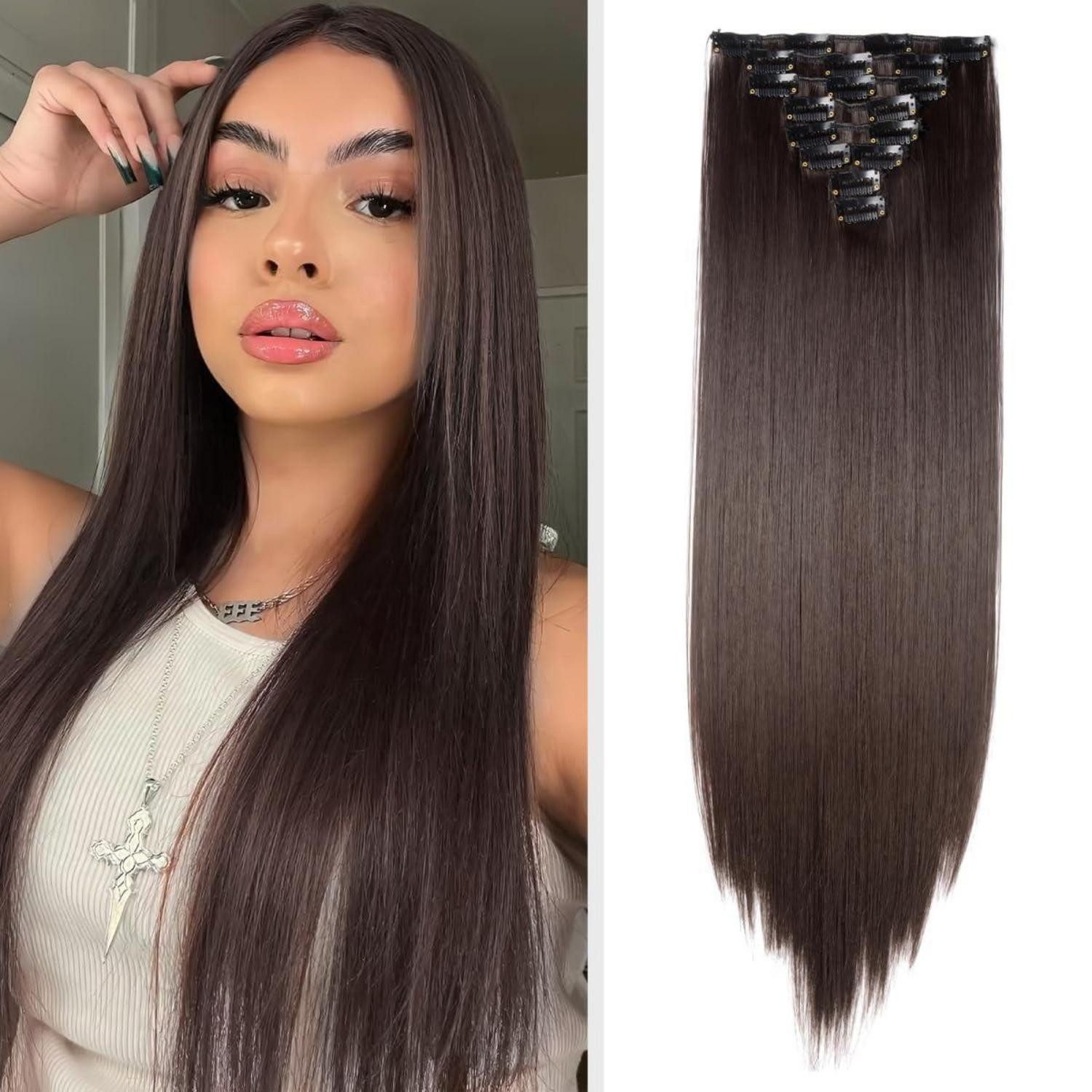 LuxusKollektion Kunsthaar-Extension Clip in Extensions Echthaar 18 Clips Glatt 140g 66 cm Dunkelbraun