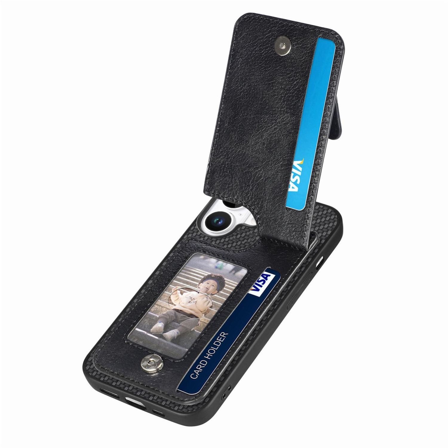 Wigento Handyhülle Für Apple iPhone 17 Carbon Look Vertikal Flip Kunstleder Hülle Schwarz, Reißverschlussfach, Kartenfächer, stoßfest – Bild 3 von 5
