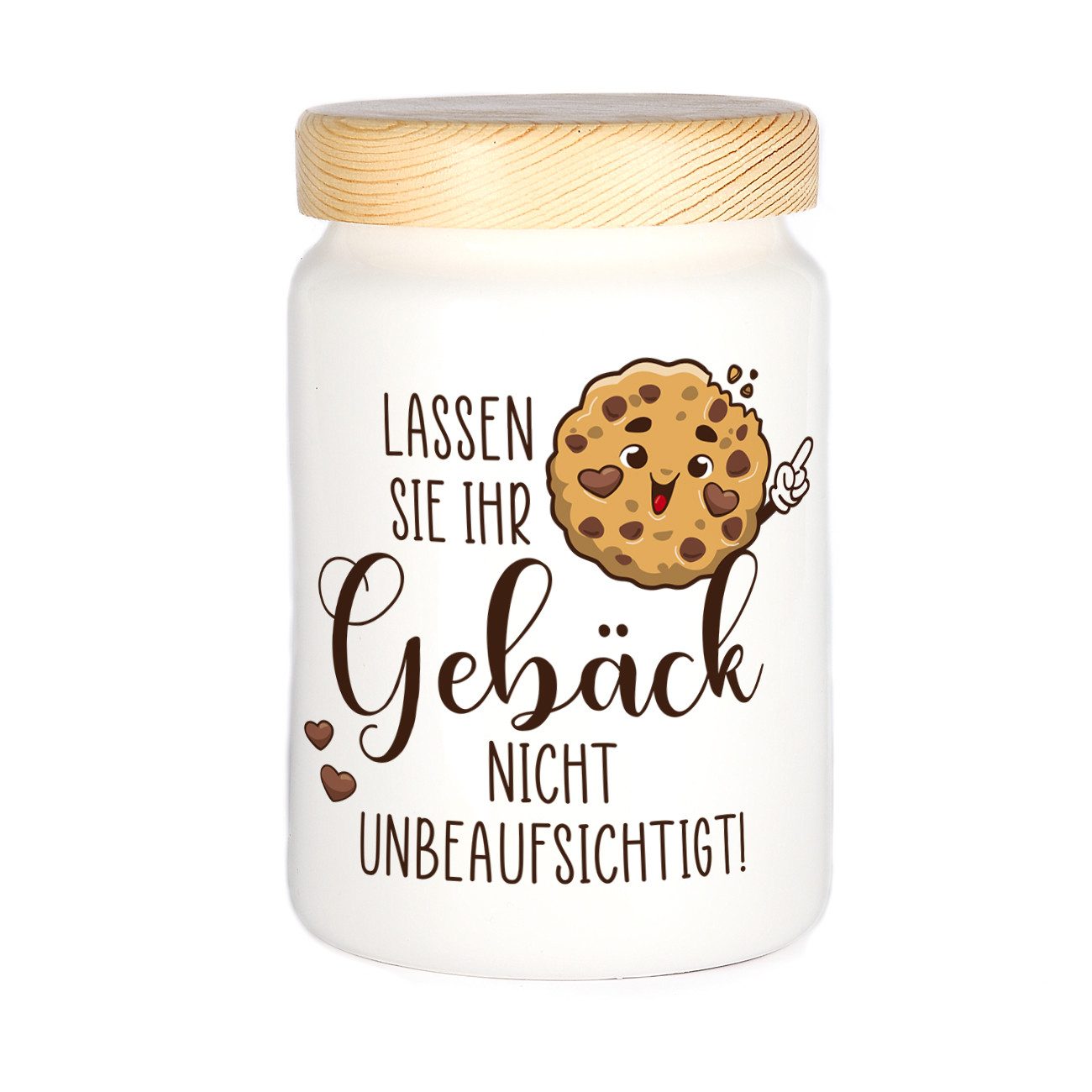 Herz & Heim Keksdose mit lustigem Aufdruck - Vorratsdose für Kekse & Gebäck, Keramik, mit Holzdeckel