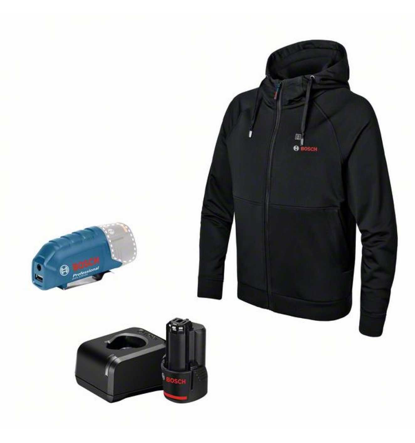 Bosch Professional Arbeitsjacke Heizjacke GHH 12+18V XA (Gr. XL, 2-St., Full Version) mit Kapuze