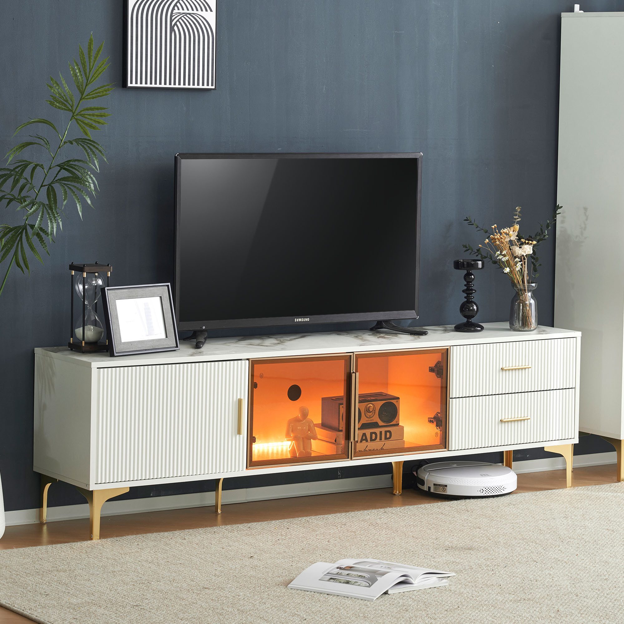Merax Lowboard mit Glastüren und Schubladen, TV-Schrank mit LED, TV-Board mit goldenen Metallbeine, Fernsehtisch