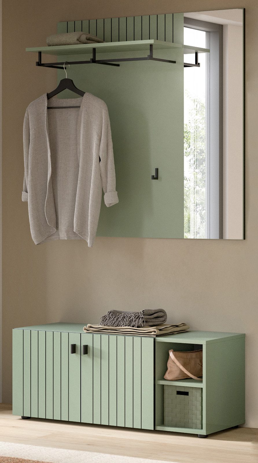 Inn.Furn Garderoben-Set Loreno, (Kompaktgarderobe mit Paneel, Spiegel und Schuhbank, Grün mit Leistenoptik), nur 106 cm breit