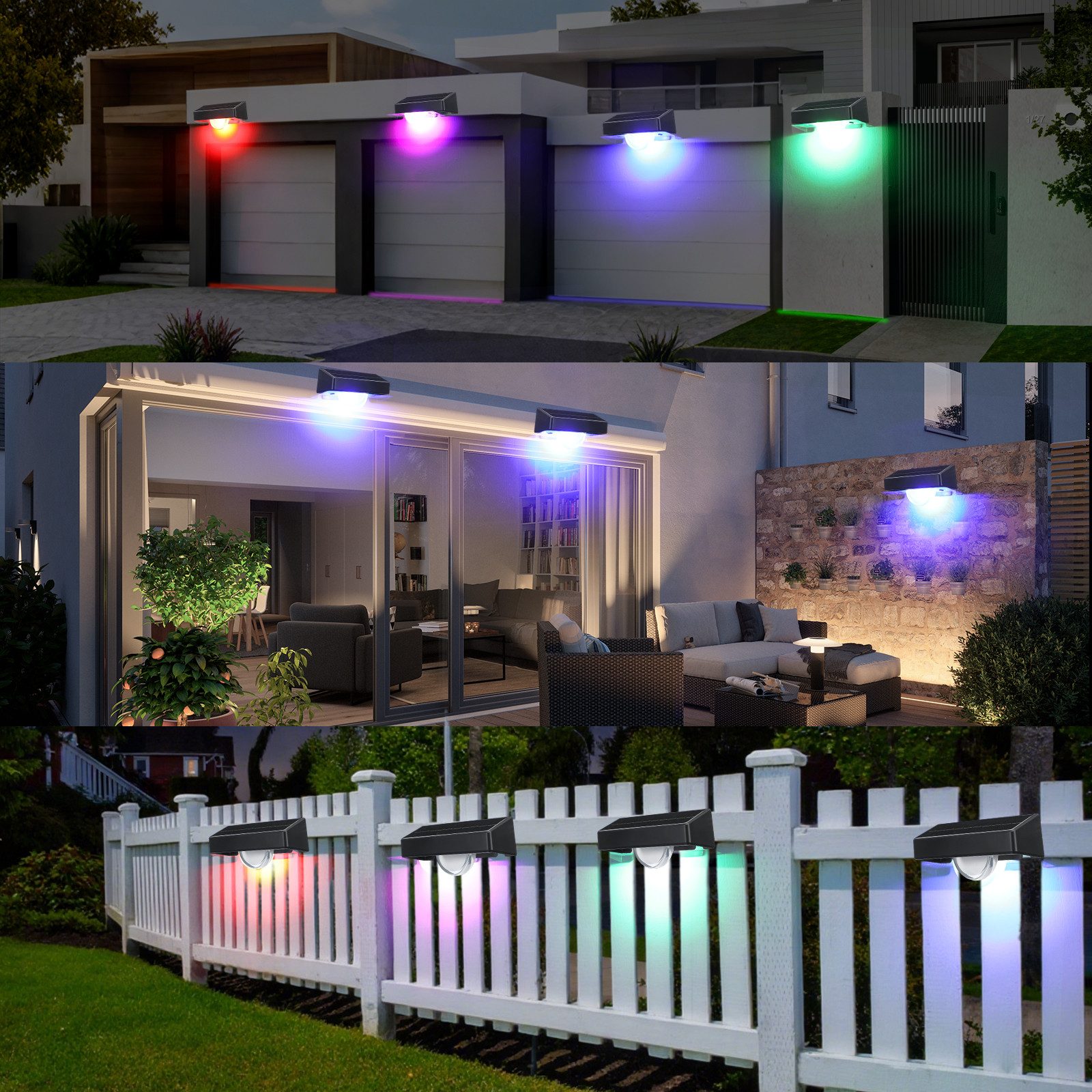 WILGOON LED Solarleuchte 4 Stück Solarlampen für Außen Garten, RGB Solarleuchte Zaunlichter, LED fest integriert, Kaltweiß, Warmweiß, RGB, RGB Led Solar Gartenleuchten für Terrasse, Stufen, Terrasse, Zaun