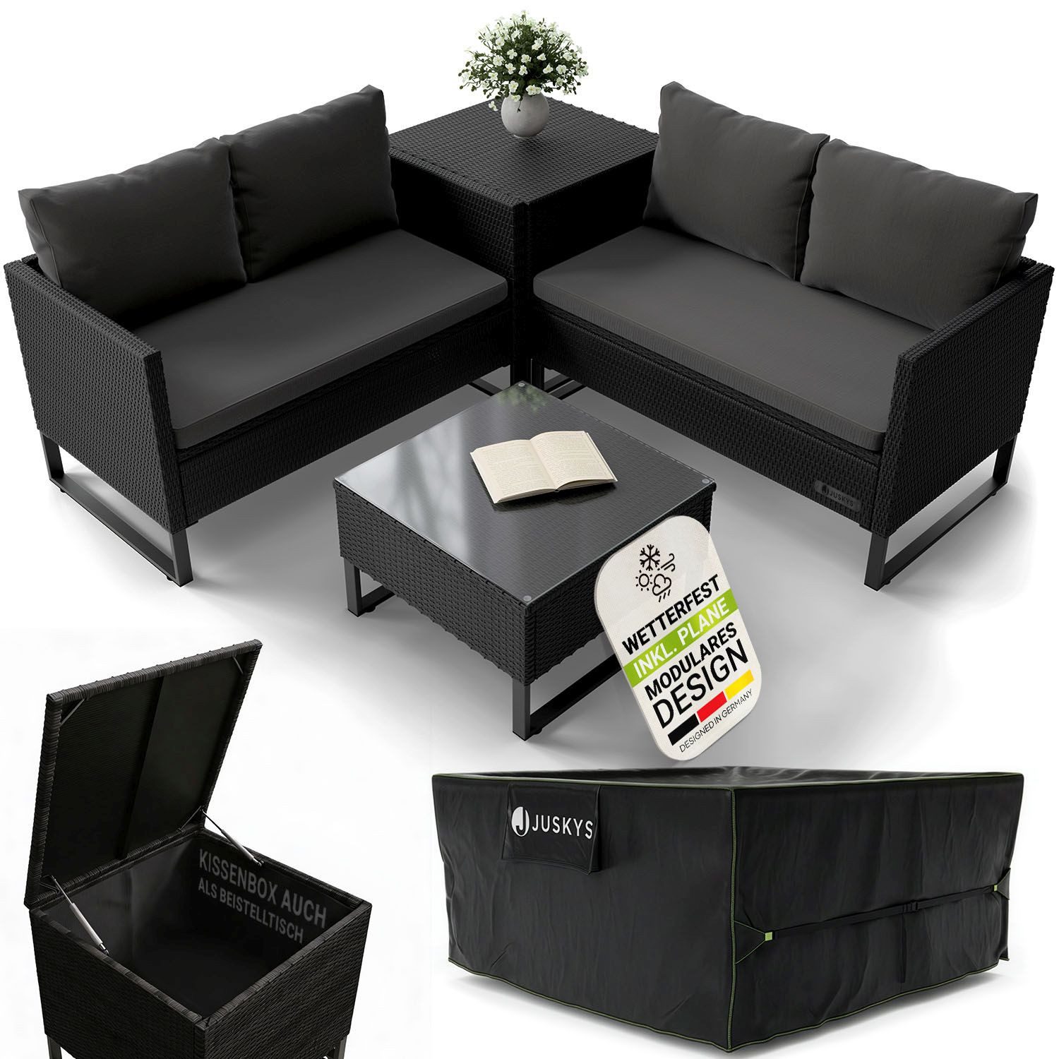 Juskys Gartenlounge-Set Santorini, (4-tlg), Polyrattan Sitzgruppe mit Beistelltisch & Auflagenbox, Abdeckung