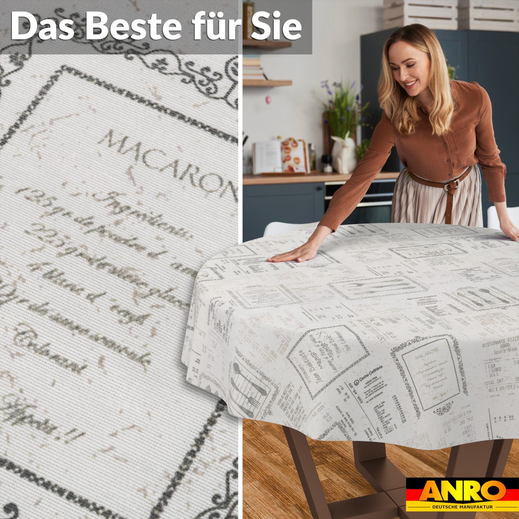 ANRO Tischdecke Wachstuch 3.0 abwaschbar Vintage Tischwäsche (Einzelstück 1-tlg), wasserabweisend PU-Beschichtet Zeitlos Grau Rund 100cm