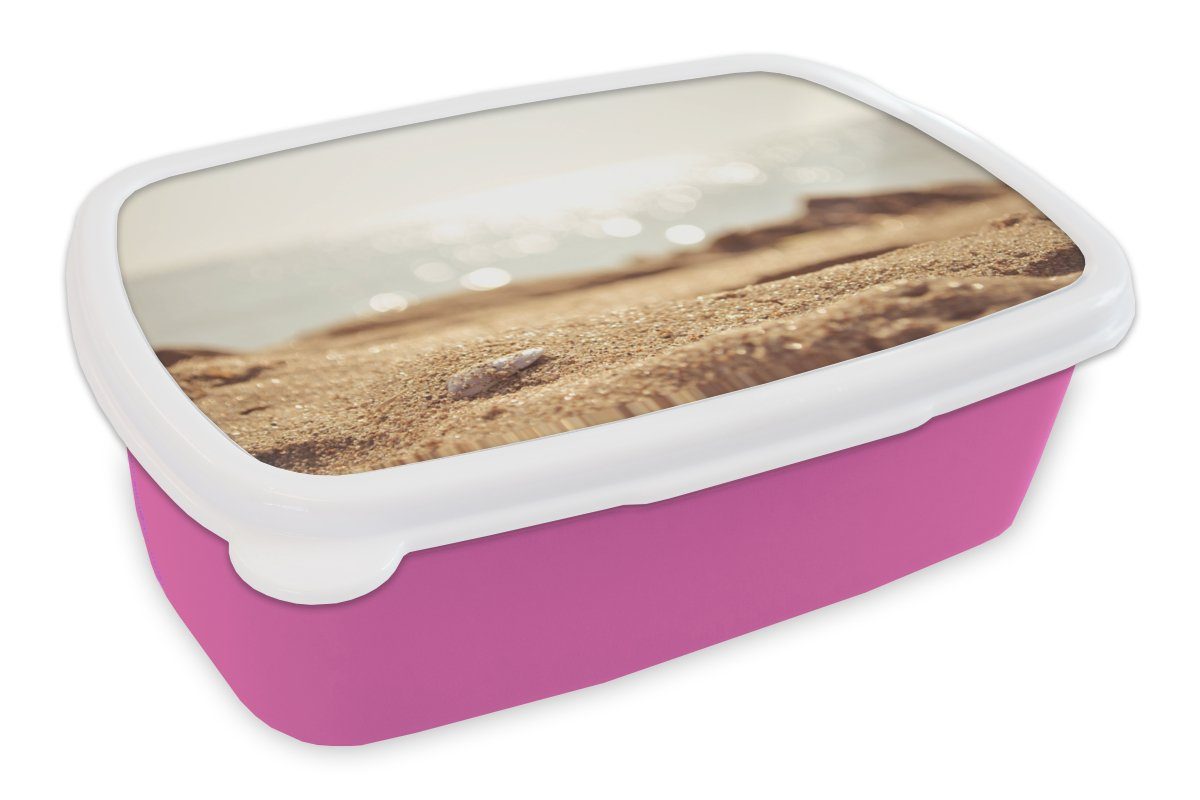 MuchoWow Lunchbox Strand - Sand - Muschel, Kunststoff, (2-tlg), Brotbox für Erwachsene, Brotdose Kinder, Snackbox, Mädchen, Kunststoff rosa