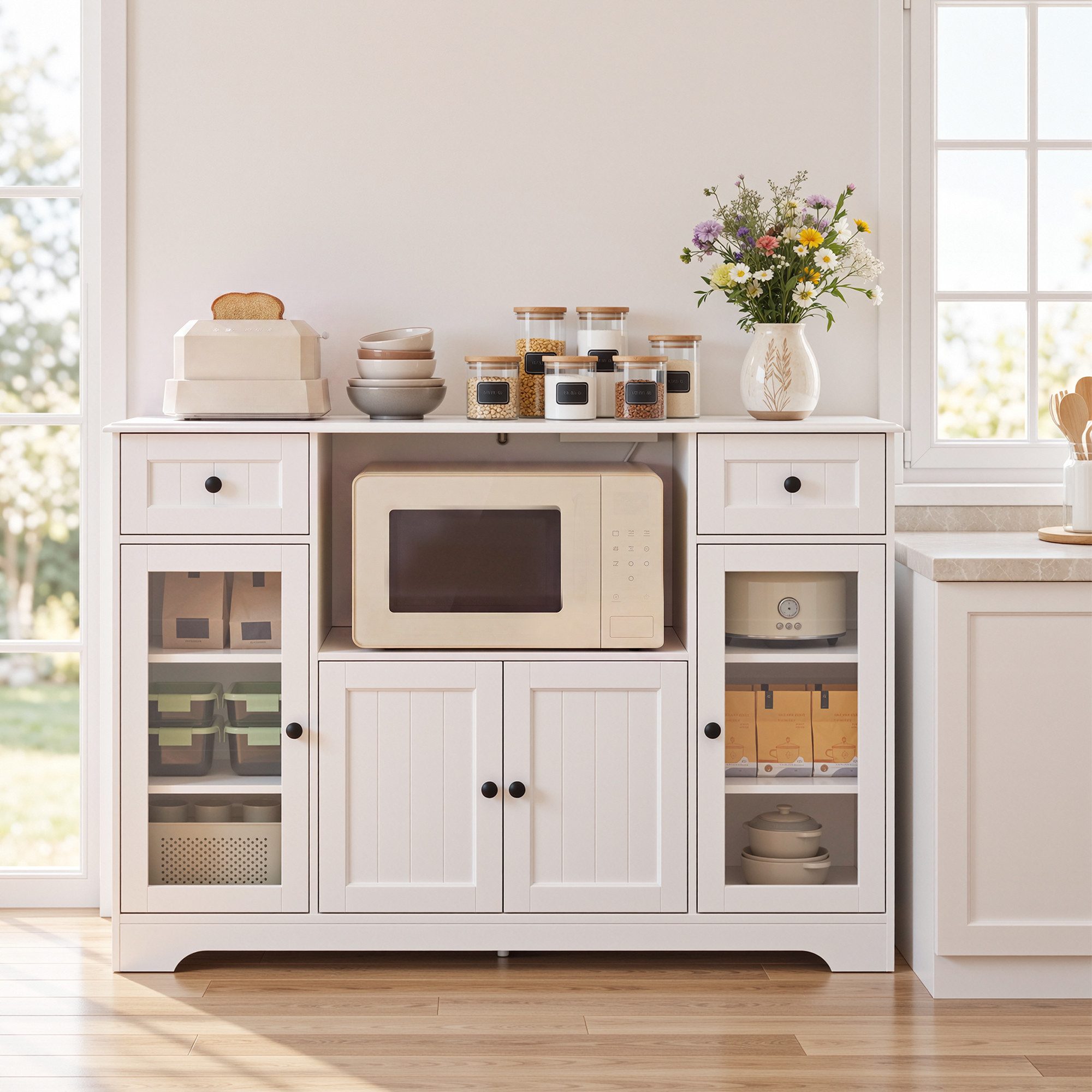 Bealife Buffet Küchenschrank mit Mikrowellenregal mit Schubladen Ablagen – Bild 4 von 5