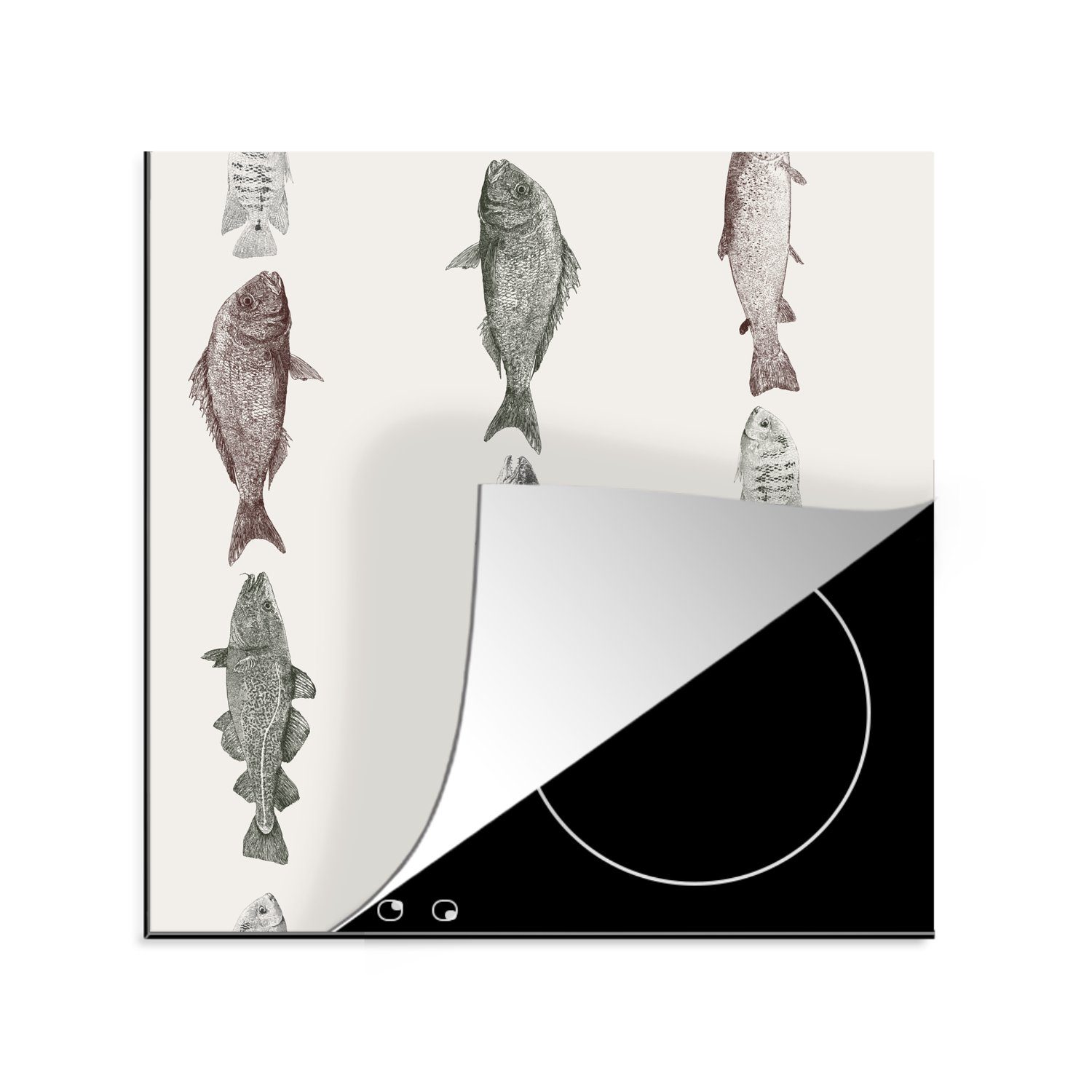 Ceranfeldabdeckung, von (1 cm, 78x78 Fischen, Arbeitsplatte für küche einer tlg), Reihe Herdblende-/Abdeckplatte Vinyl, MuchoWow Vintage-Illustration
