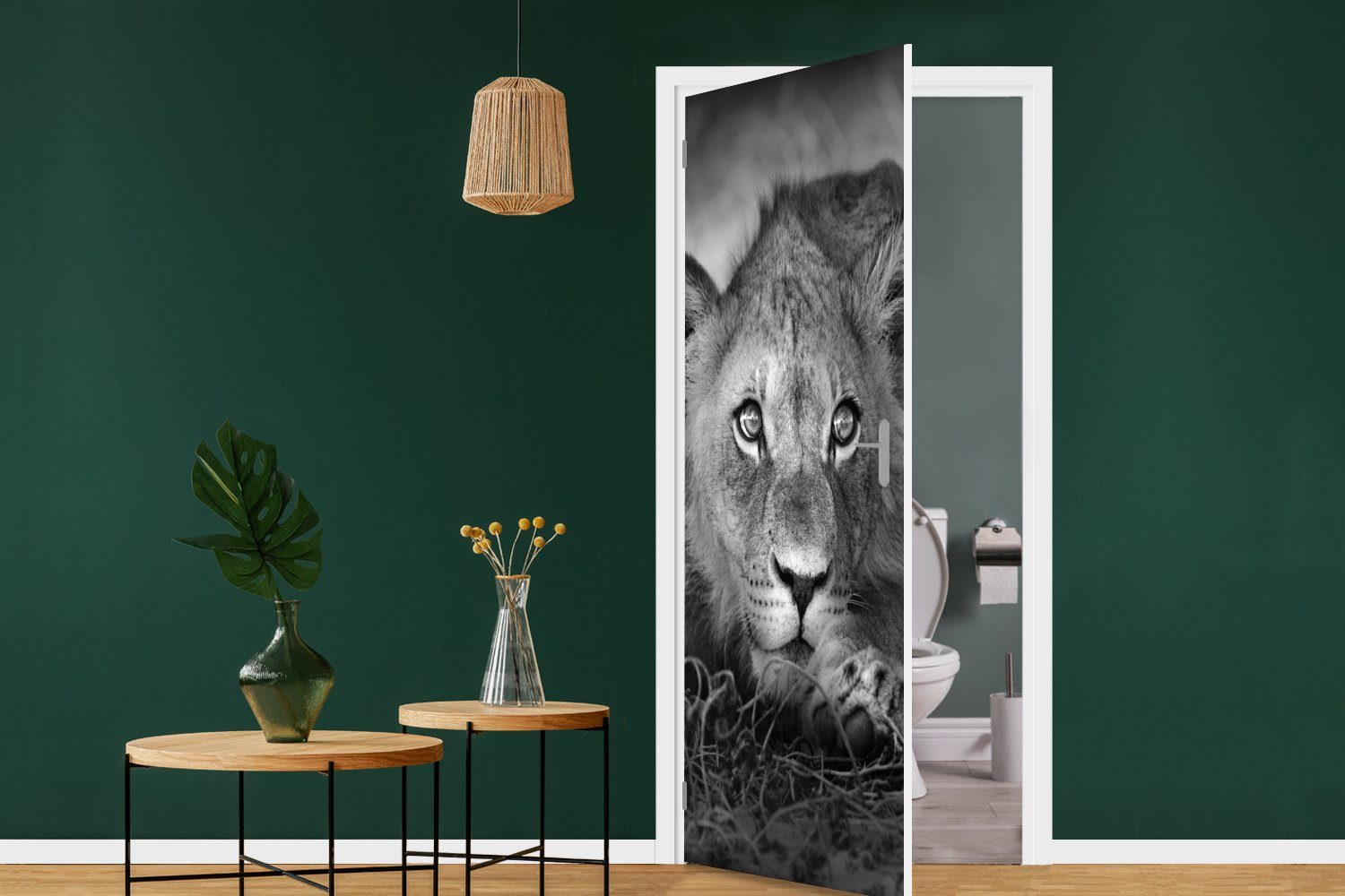 - Wildtiere Weiß, - Tür, Natur Fototapete bedruckt, Schwarz Löwe MuchoWow für St), Matt, (1 - Türaufkleber, Türtapete 75x205 - cm