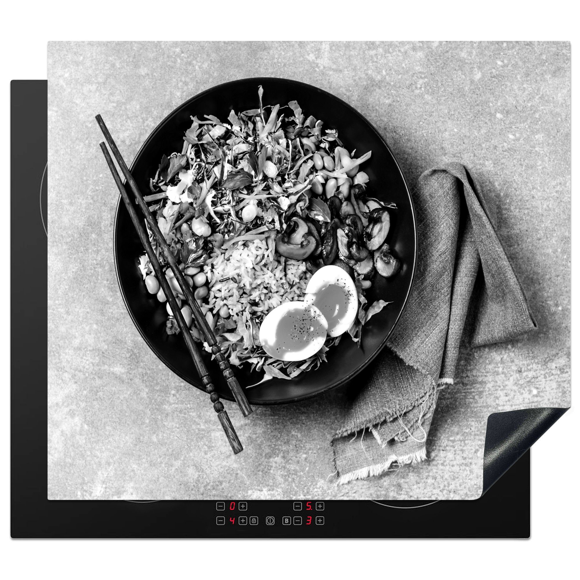 MuchoWow Herdblende-/Abdeckplatte Asiatischer Salat mit Stäbchen - schwarz und weiß, Vinyl, (1 tlg), 60x52 cm, Mobile Arbeitsfläche nutzbar, Ceranfeldabdeckung