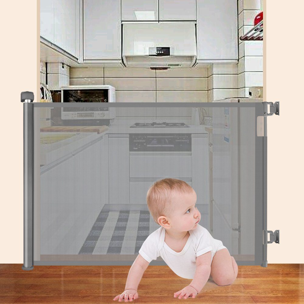 Comomy Türschutzgitter (Baby Treppenschutzgitter Automatische  Verriegelung), 0-180°, Einziehbar 140/180cm