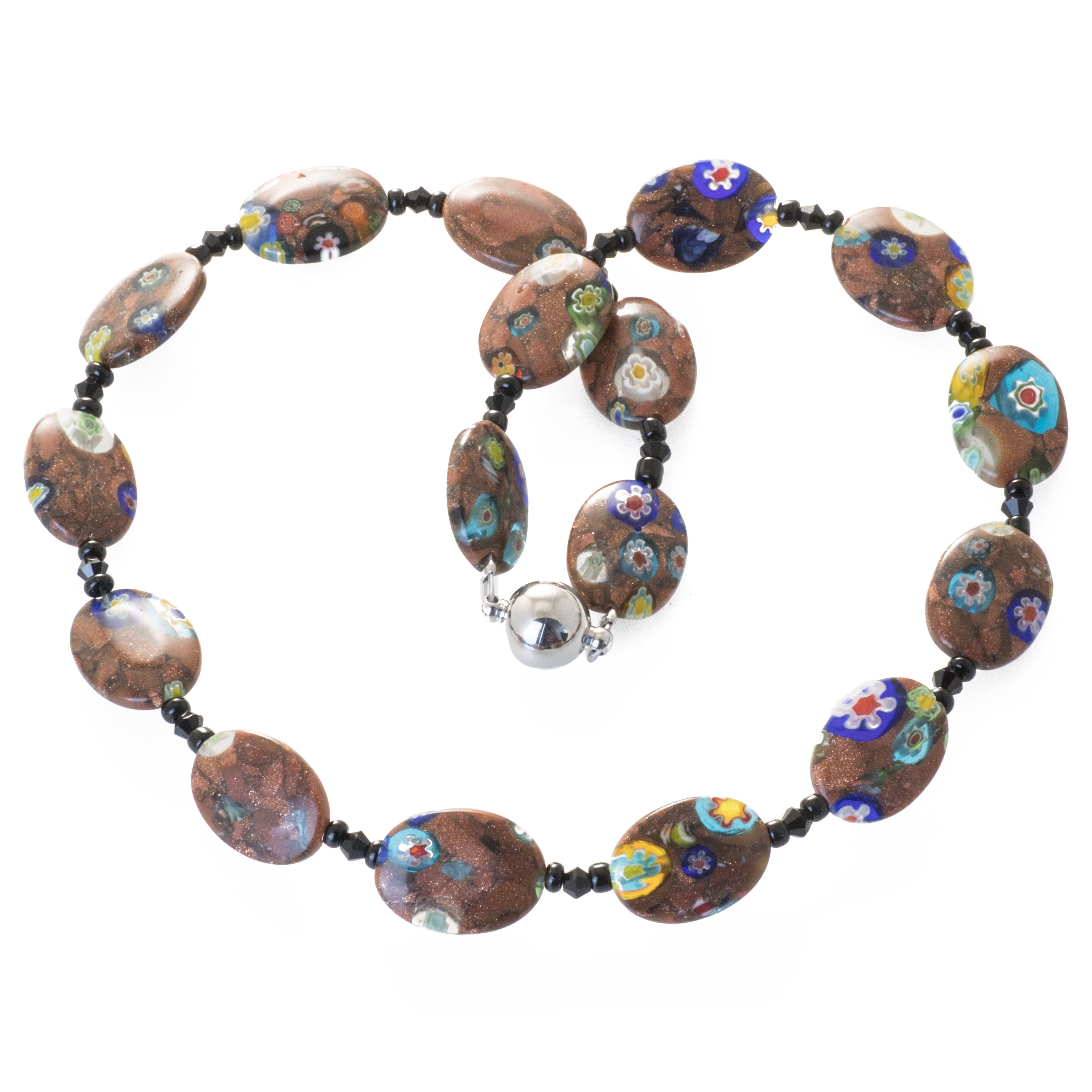 Perlenkette Kette Millefiori oval mit Goldsand und schwarzen Glasperlen